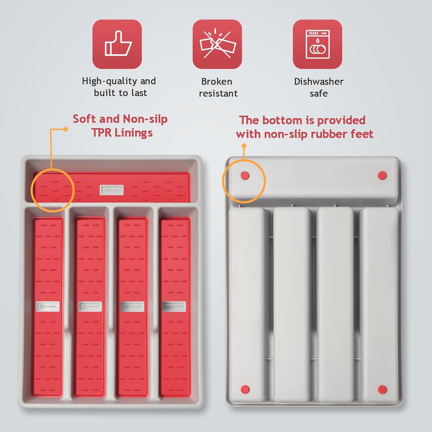 Silverware Organizer with Cutlery Icons，Silverware Tray for Kitchen Drawer，Flatware Tableware Cultery Drawer Organizer Utensil Organizer with Non-slip TPR Linings，Kitchen Organization Essentials