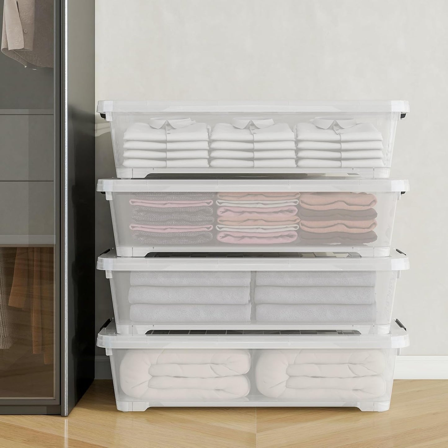 4Pack 40 Qt Plastic Under Bed Storage Organizer Bin Container with Secure Lids and Durable Wheels, Clear