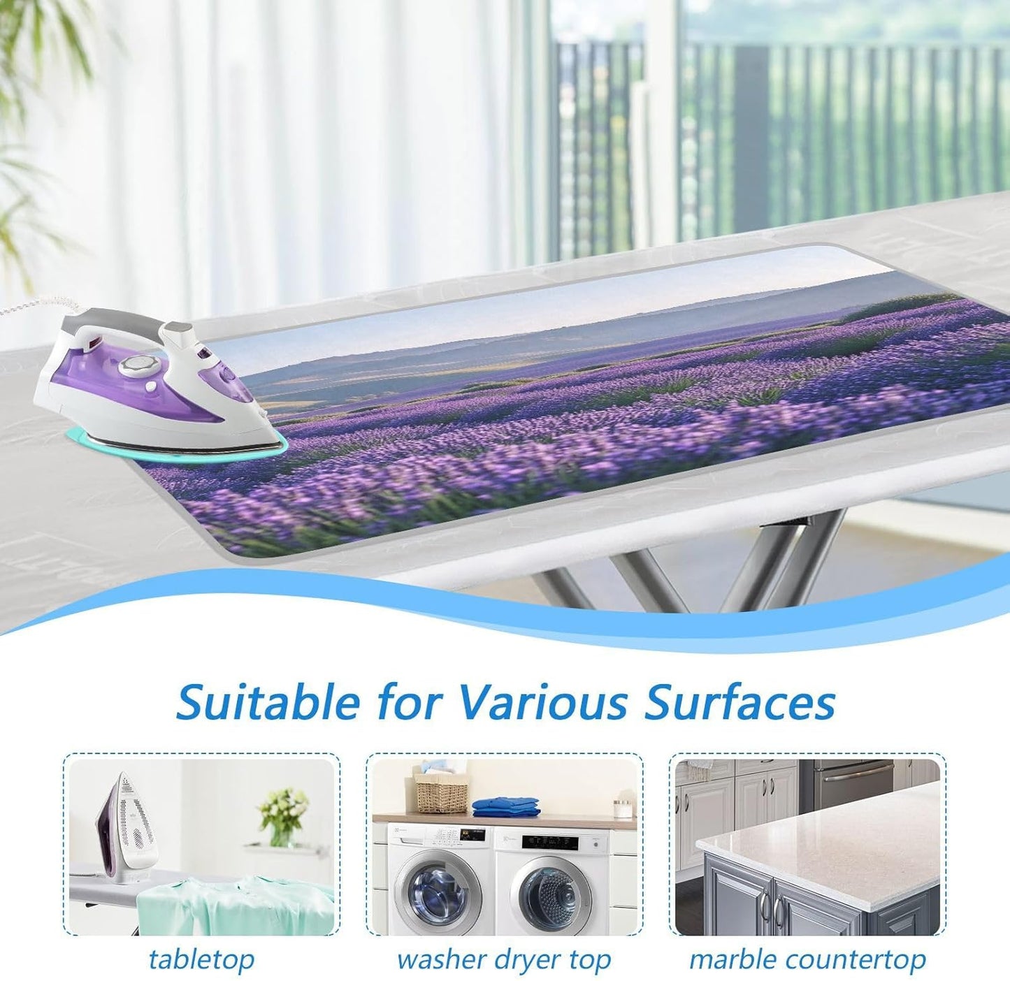 Lavender Field and Mountain Ironing Mat Thickened Ironing Blanket Travel Portable Double-Side Using Ironing Pad Travel Isolate Heat Pad Cover for Washer Dryer Table Top Countertop 27.6x47.2in