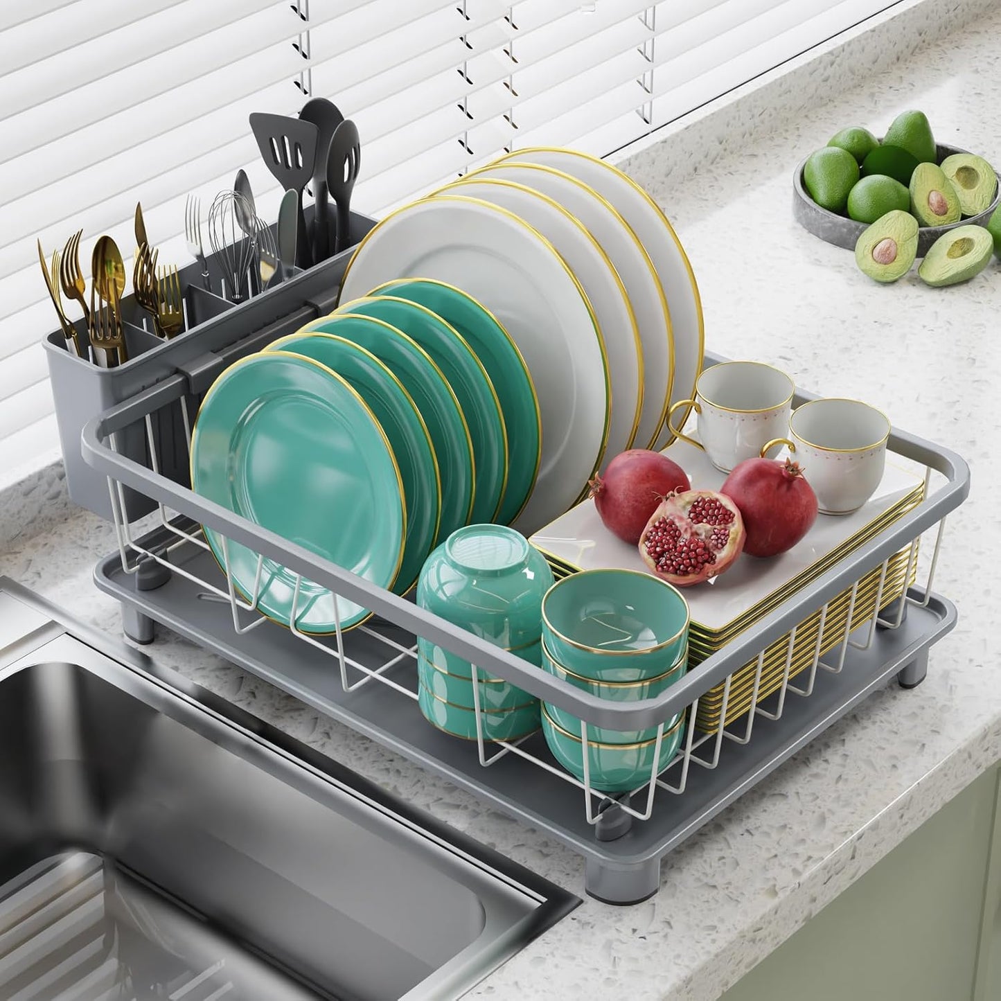 Dish Drying Rack - Space-Saving Dish Rack,Dish Racks for Kitchen Counter with Drainboard, Rustproof Dish Drainer with a Removable 4-Compartment Utensil Holder,Gray
