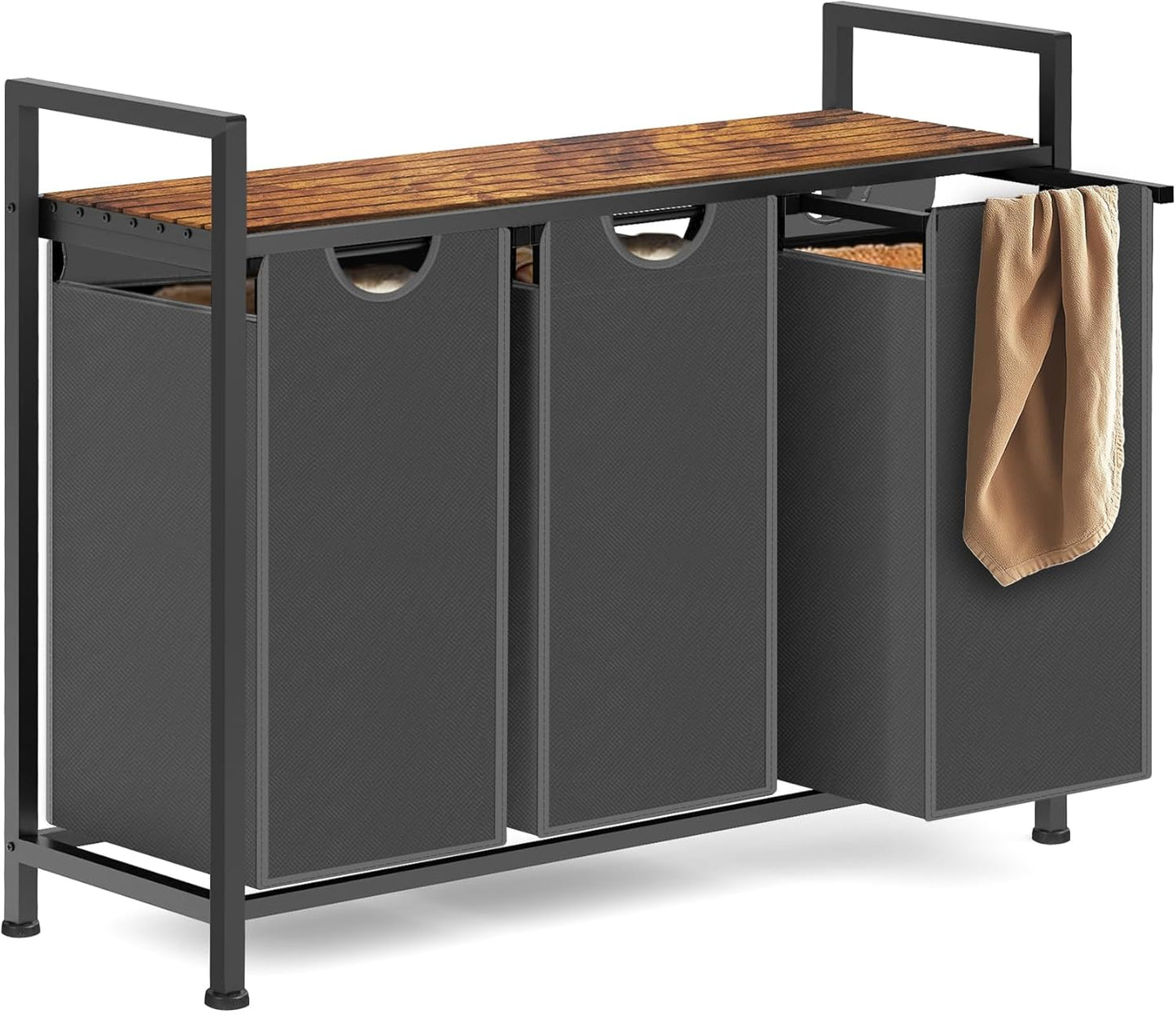 Laundry Hamper, Laundry Sorter with 3 Pull-Out Removable Oxford Fabric Bags Cloth Laundry Basket 3 x 10 Gallons (Grey and Rustic Brown)