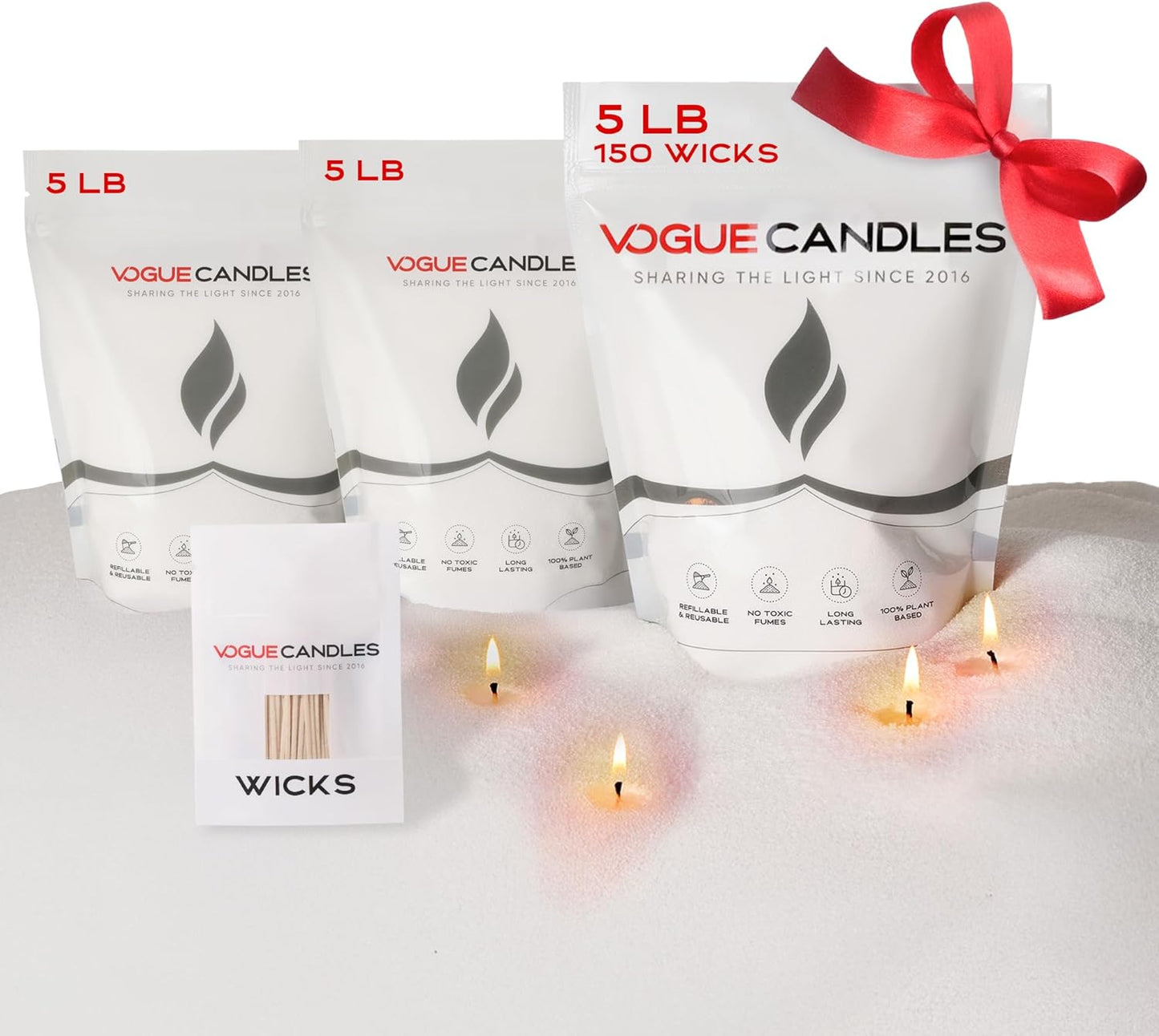 Vogue Candles 3-Pack 5 LB Refillable White Pearled Candle Sand – 15 LB Value Bundle with 150 Reusable Wicks - Bulk Plant-Based Candle Granules