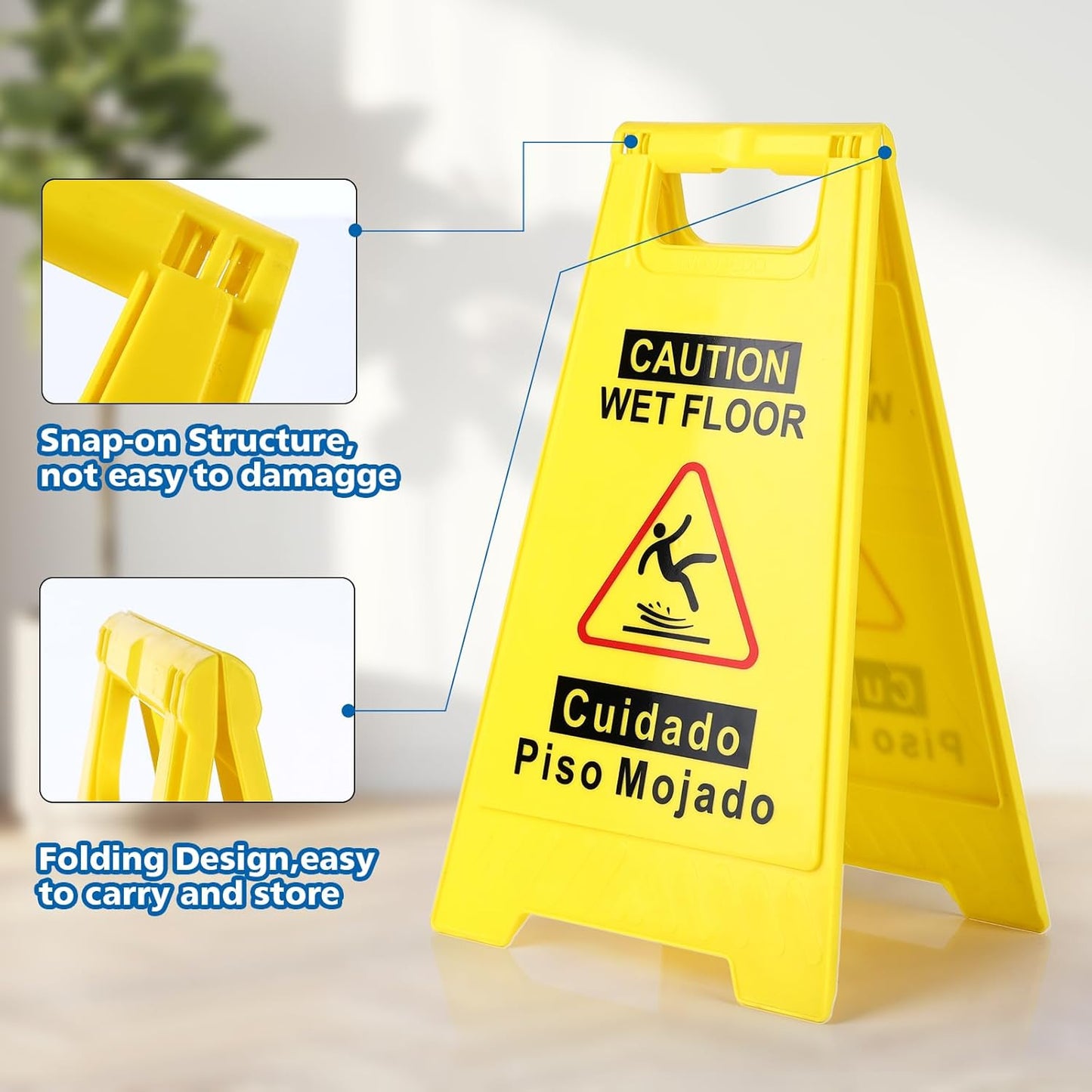 6-Pack Caution Wet Floor Sign,17.5" Height,Bright Yellow Double-Sided Folding A-Shaped Frame Design, Bilingual Caution Message