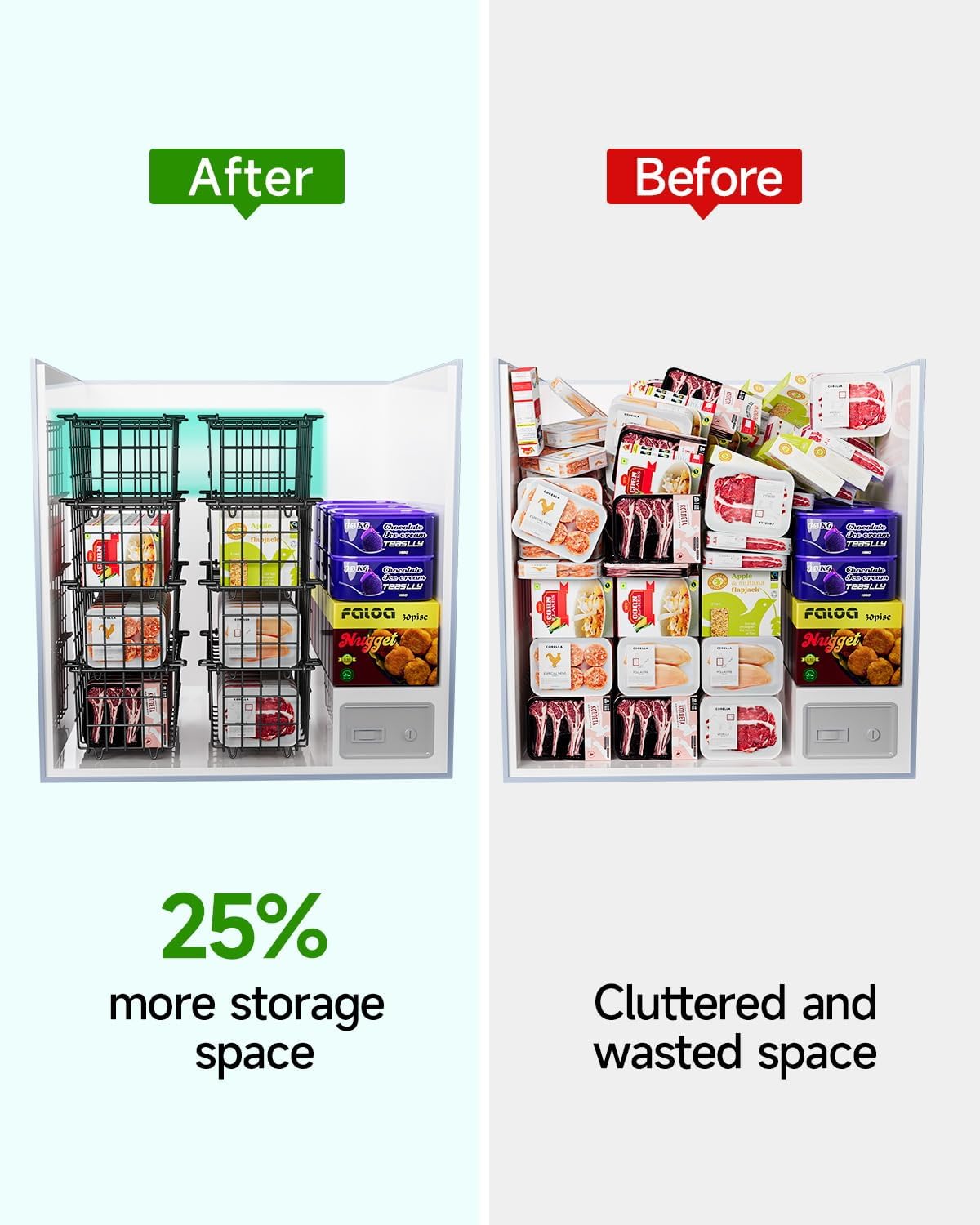 Freezer Organizer Bins - Fit 10 to 20 Cu.FT Deep Freezer, Stackable Chest Freezer Organizer Sort Frozen Food and Easily Get with Handle, 4 Pack Chest Freezer Bins, Black