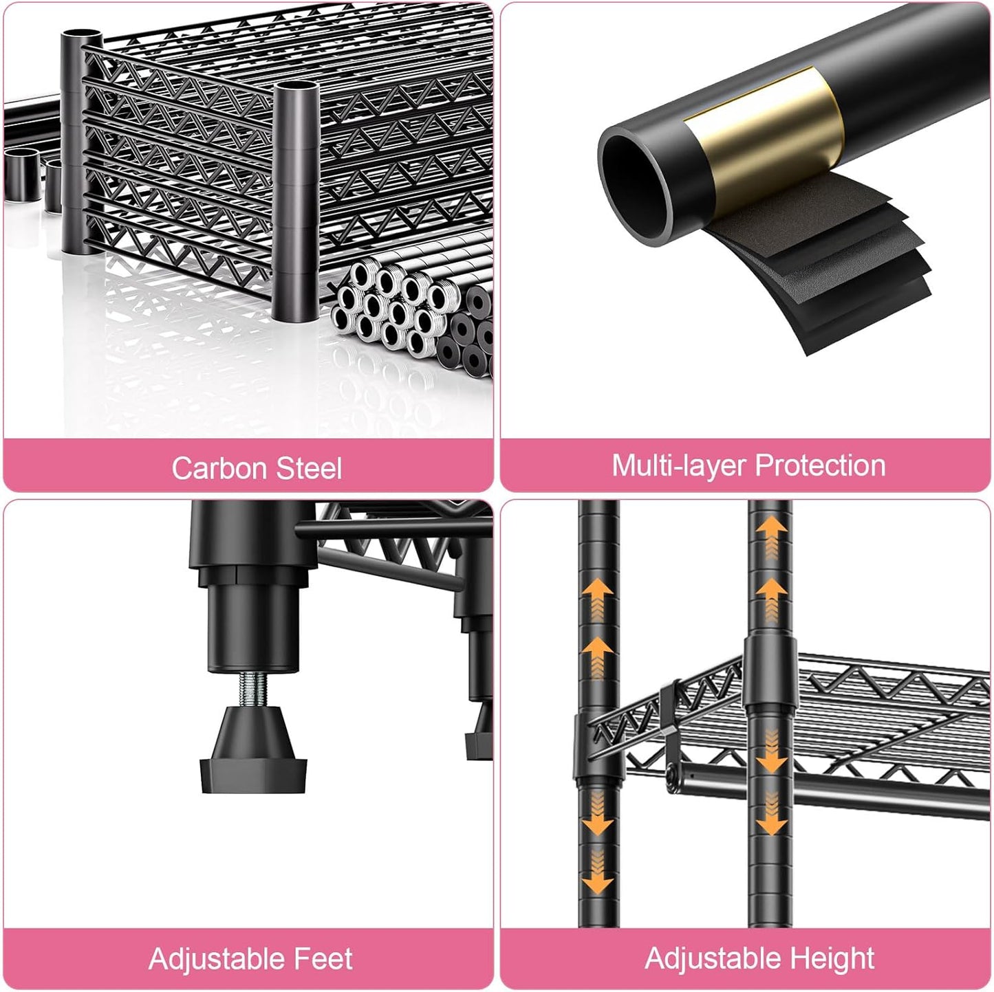 Heavy Duty Rolling Garment Rack 3 Tiers Adjustable Wire Shelving Clothes Rack with Rods Storage Closet Clothing Rack Black 15.7" D x 70.8" W x 76.5" H