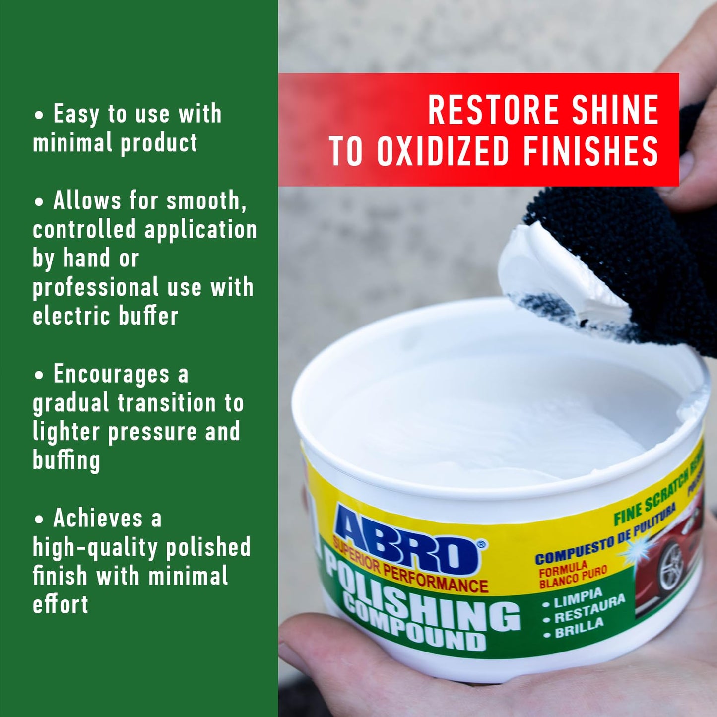 ABRO Superior Performance Car Polishing Compound for Oxidized Finishes, Buff, Shine, Smooth, & Clean, Scratch Remover for Vehicles, Boats, & Bikes - 10 oz.