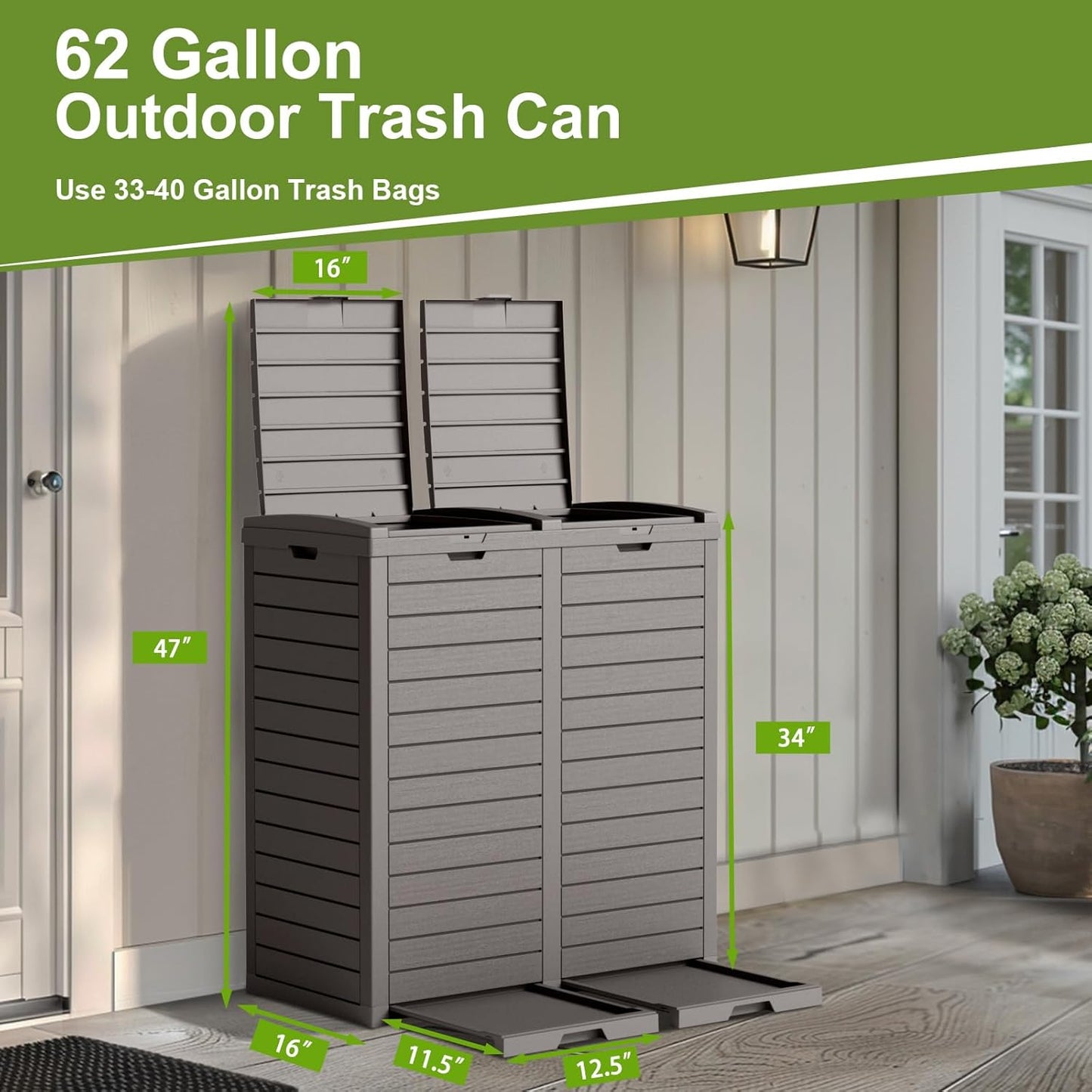 62 Gallon Outdoor Trash Can with Tiered Lid and Drip Tray,Waterproof Resin Waste Bin Indoor,Durable,Stylish,Lightweight Garbage Bin for Patio,Kitchen,Backyard and Office(Grey)