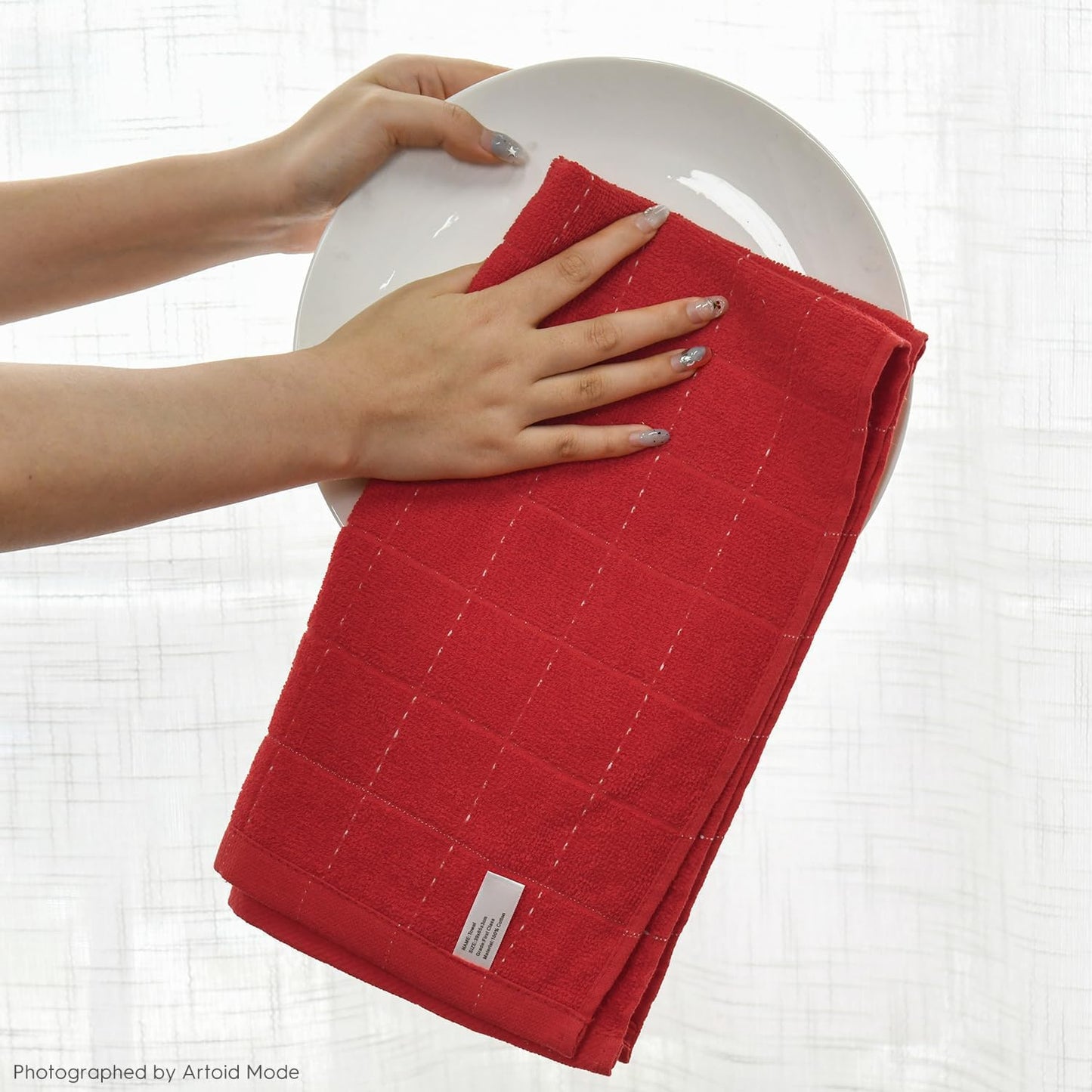 Artoid Mode Checkered Designed Cotton Red Green Terry Kitchen Dish Towels, 15x25 Inch Soft Absorbent Quick Drying Cleaning Tea Towels Set of 4