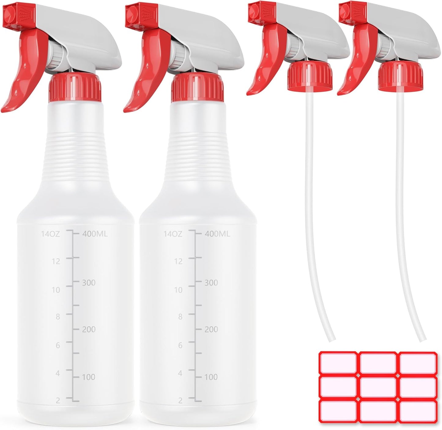 Veco Spray Bottle (2 Pack&2 extra Nozzle,16 Oz) with Measurements and Adjustable Nozzle, HDPE Plastic Spray Bottles for Cleaning Solution, Household/Commercial/Industrial Use, No Leak and Clog