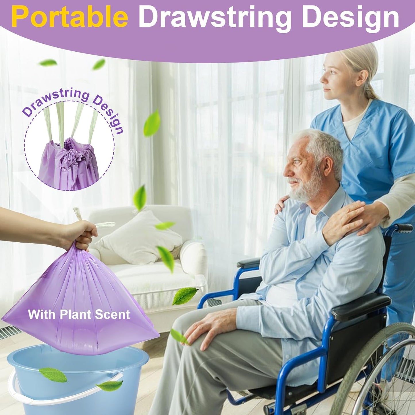 100 Commode Liners for Bedside Commode, Thickness Leakproof Disposable Portable Toilet Bags, Plant Scented Potty Liners, Potty Bags for Portable Toilet Fit All Standard Toilet Chair Bucket