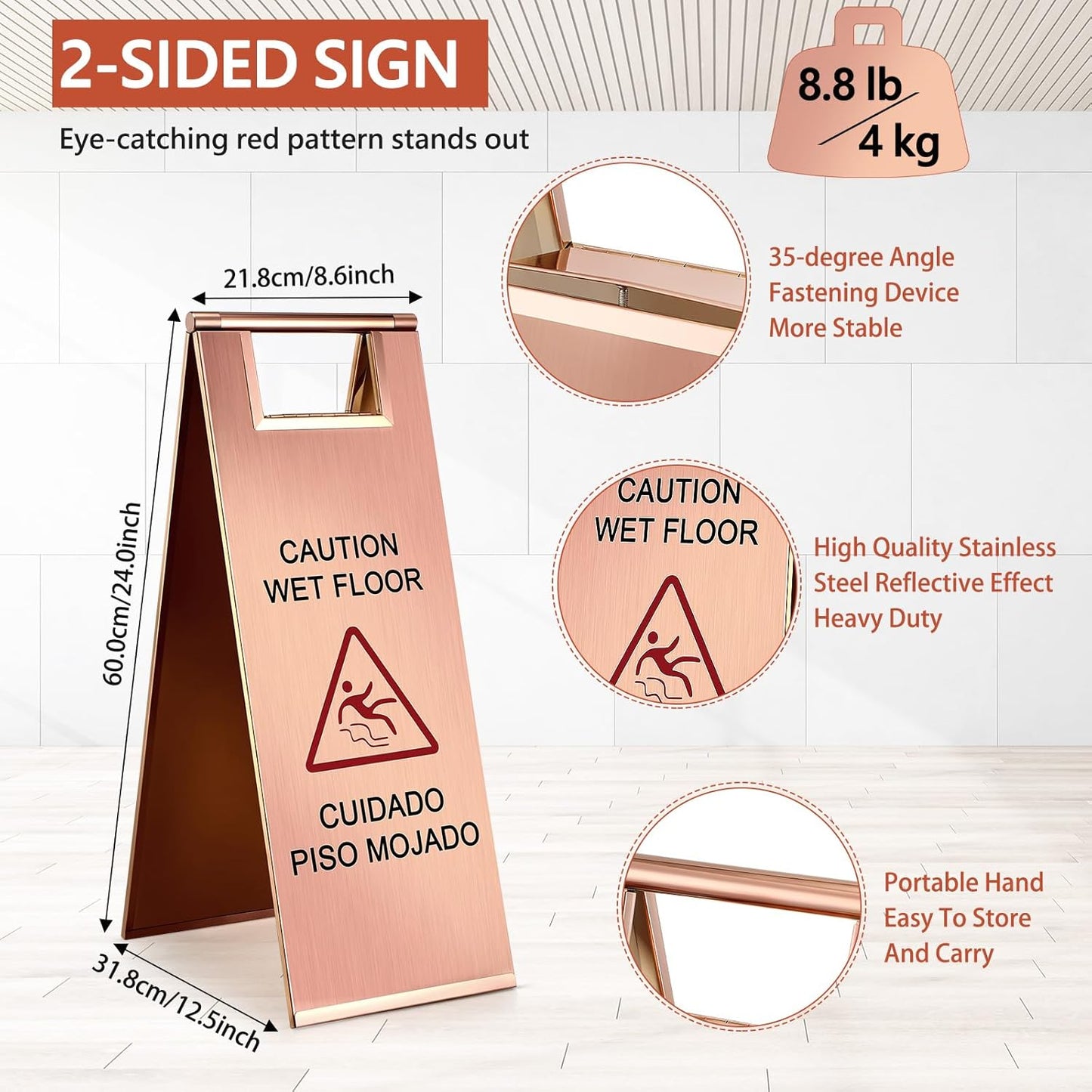 Kigley 2 Pcs Wet Floor Sign, 24 Inch Stainless Steel Caution Wet Floor Sign Double Sided Portable Foldable Bilingual Safety Warning for Hotel Market Restroom Restaurant Office (Rose Gold)