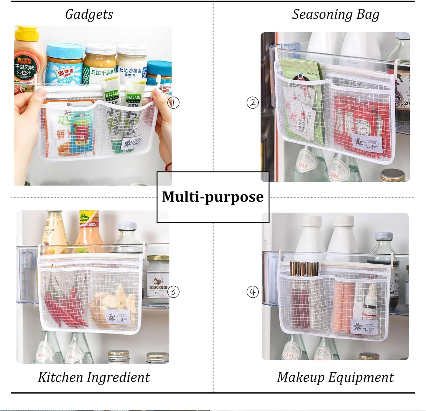 3PCS Refrigerator Door Organizer Set, Fridge Hanging Mesh Bag for Kitchen Storage Bag, Household Sundries Sorting Bag Used to Refrigerator Side Door, Only for Small Objects Containers (White)