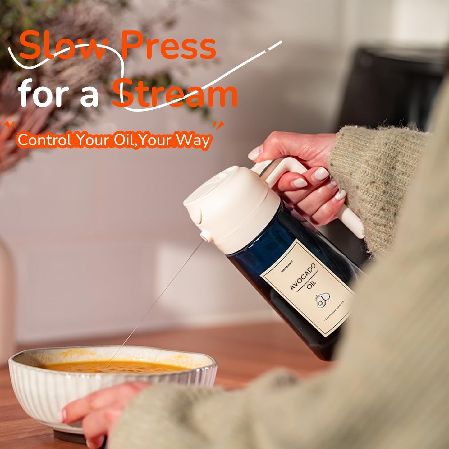 TrendPlain 16oz/470ml Blue Glass Olive Oil Sprayer for Cooking - 2 in 1 Olive Oil Dispenser for Kitchen Gadgets, Air Fryer, Salad, and BBQ - White