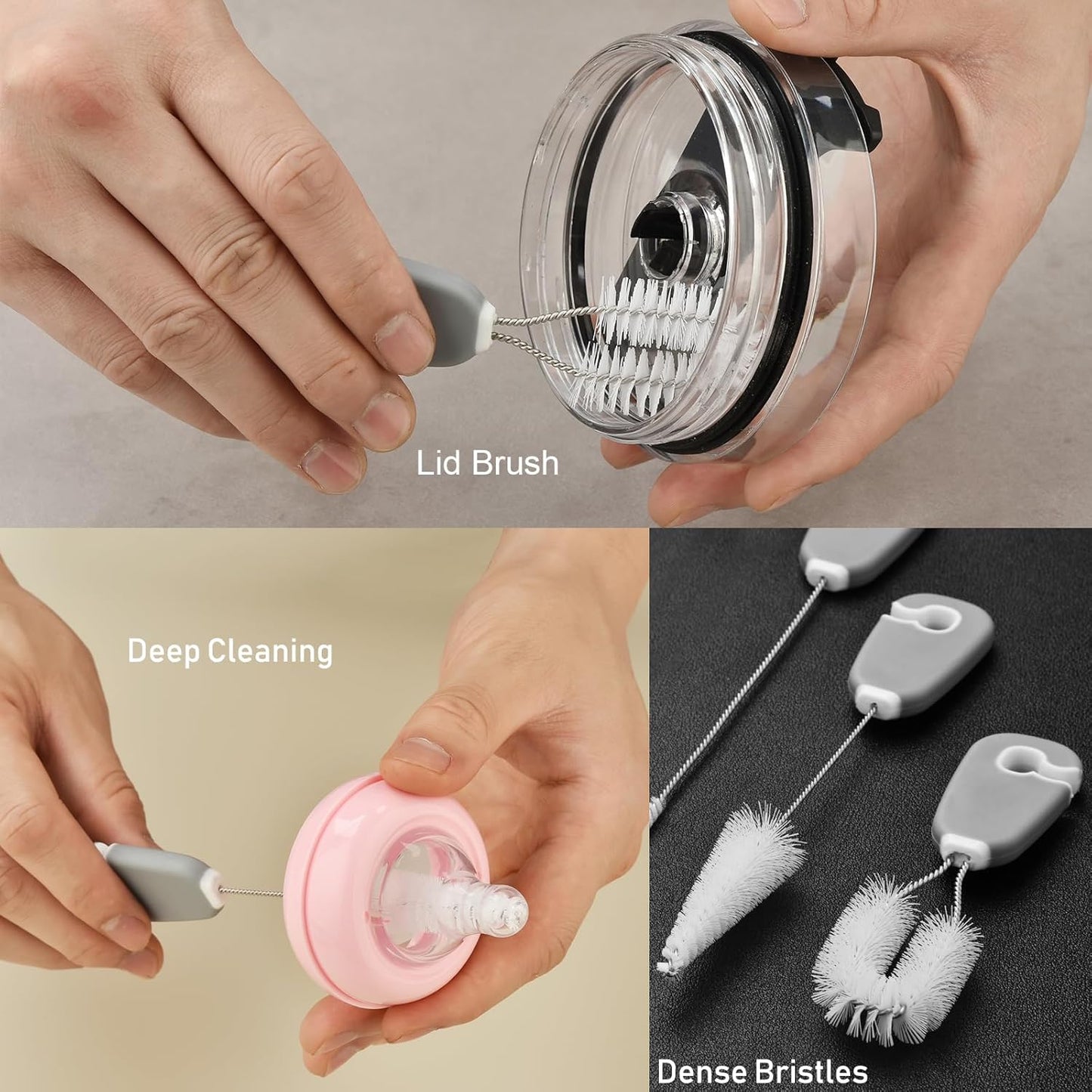 ALINK 5 Pack Water Bottle Brush Cleaning Set with Holder, Bottle Cleaner with Stand, Straw Nipple Lid Brush for Stanley Tumblers, Drinking Glass, Baby Bottles, Jugs - Gray