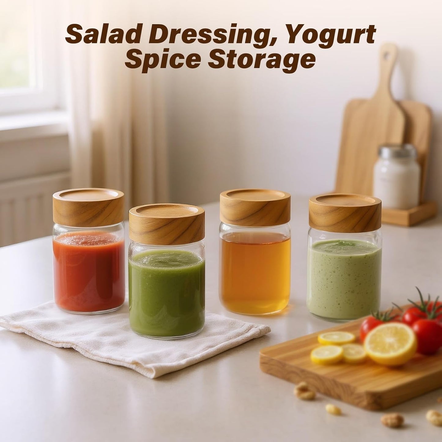 6pc Glass Mason Jars with Acacia Wood Airtight Lids - Overnight Oats & Food Storage Container Set, Clear Stackable Leakproof Kitchen Canisters for Meal Prep/Snack Organization/Spice Storage