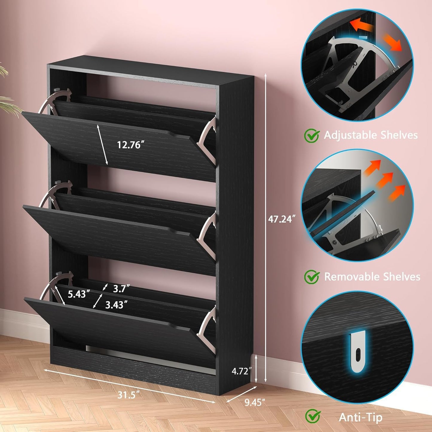 Shoe Storage Cabinet with 3 Flip Drawers,Narrow Shoe Rack Cabinet,Freestanding Organizer Storage for Entryway, Hallway, Black