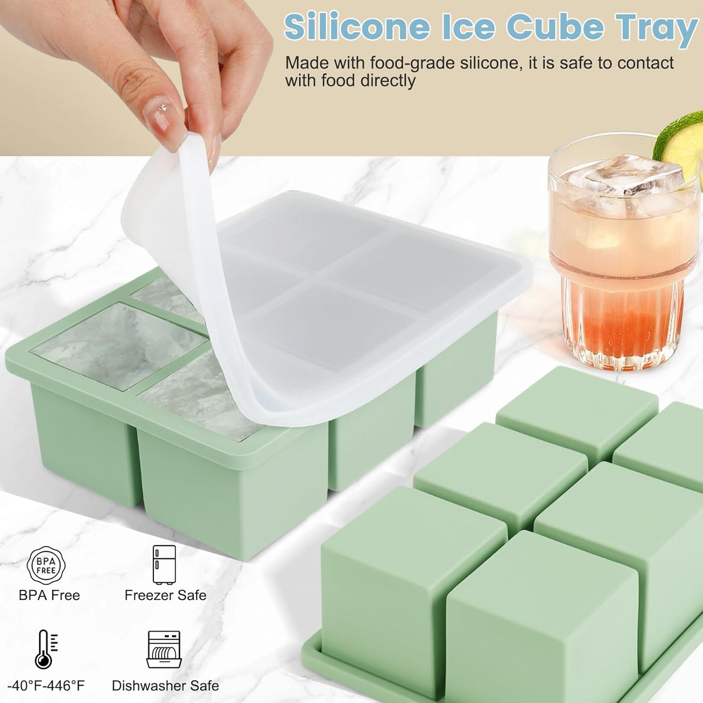 Large Silicone Ice Cube Tray 3Pack, SAWNZC Big Square Ice Cube Molds for Whisky Cocktail, Ice Maker Tray with Lid for Freezer, Easy Release (3, Mint Green)