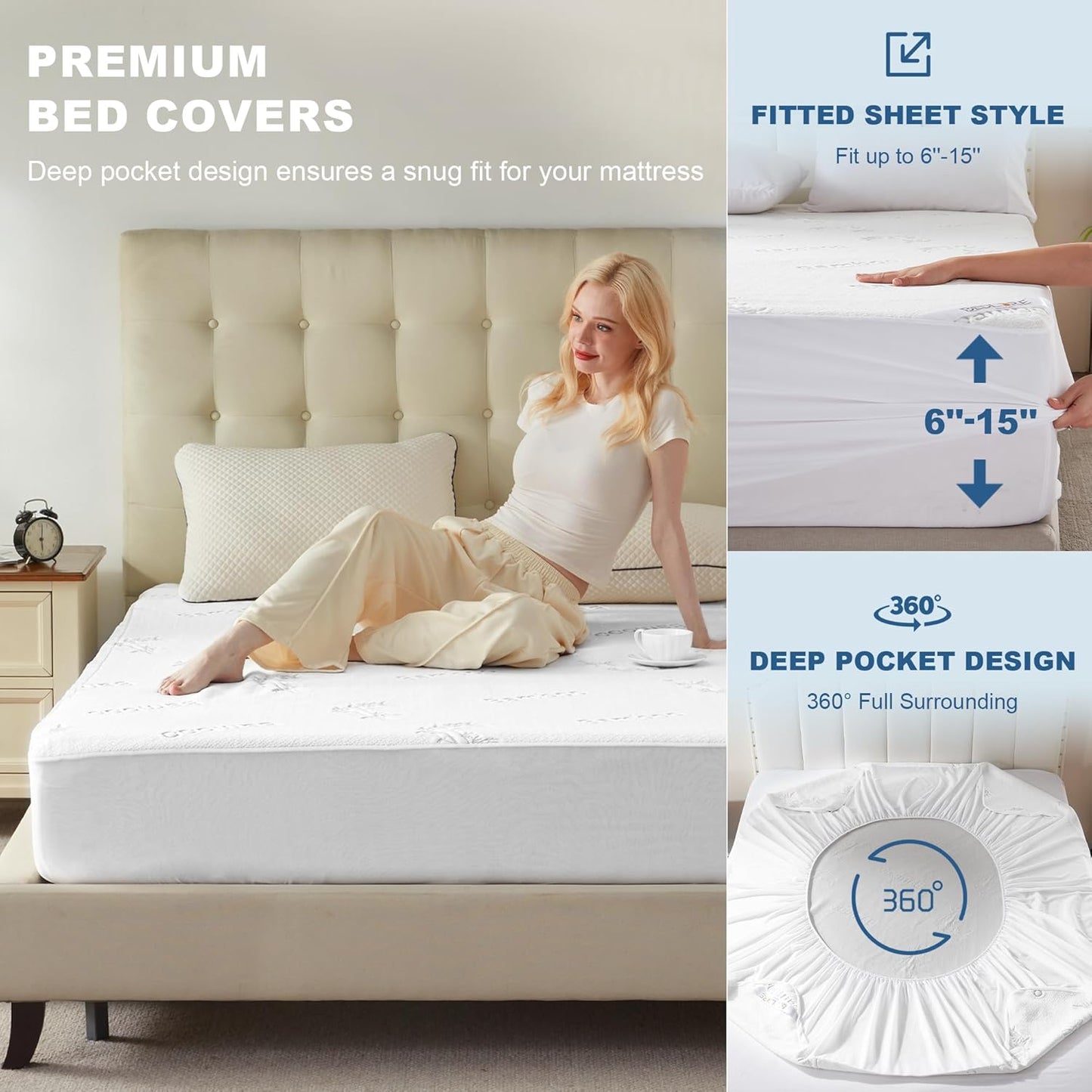 Waterproof Full Size Mattress Protector, Mattress Pad Fitted 6-15" Deep Pocket, 3D Air Fabric Soft Double Bed Mattress Cover Noiseless Washable for College Dorm