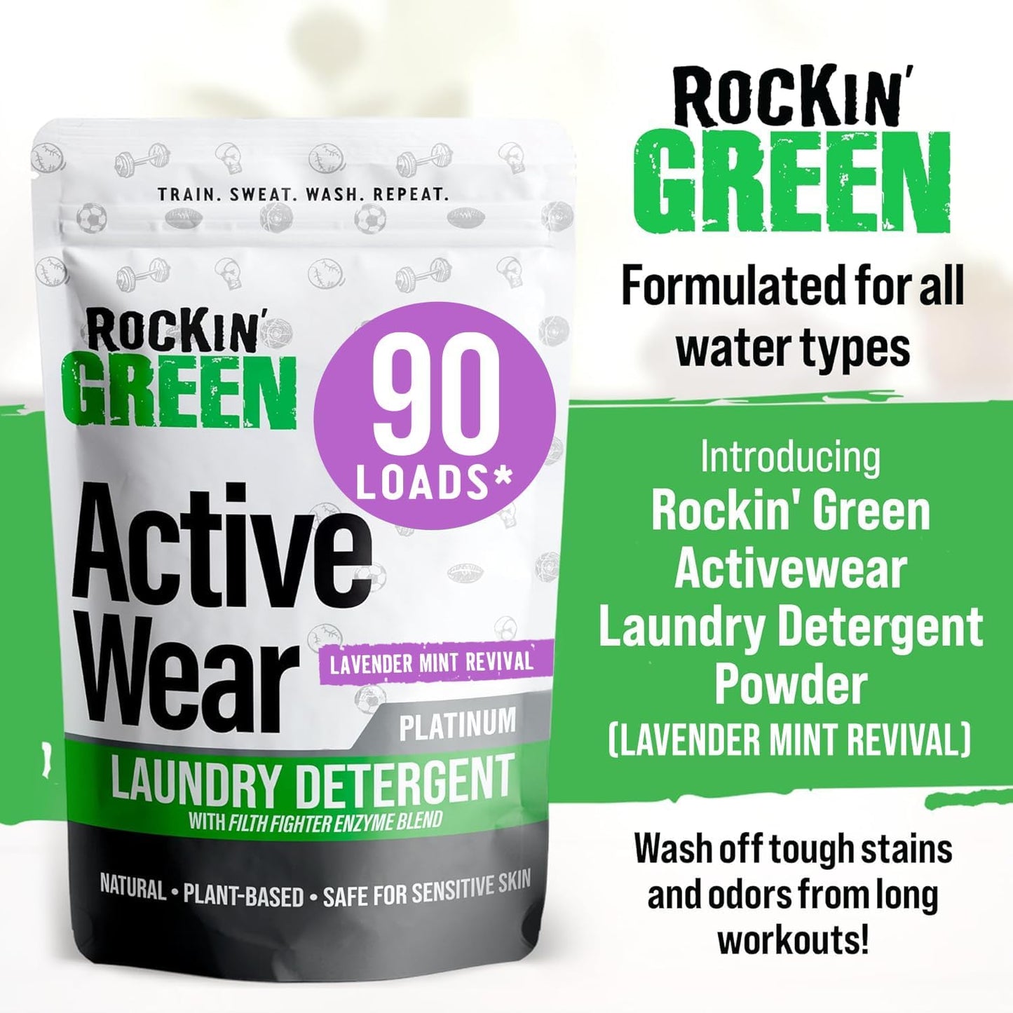 Rockin' Green Laundry Detergent, Plant based, All Natural Laundry Detergent Powder, Vegan and Biodegradable Odor Fighter, Safe for Sensitive Skin (Active Wear 90 Loads - Lavender Mint)