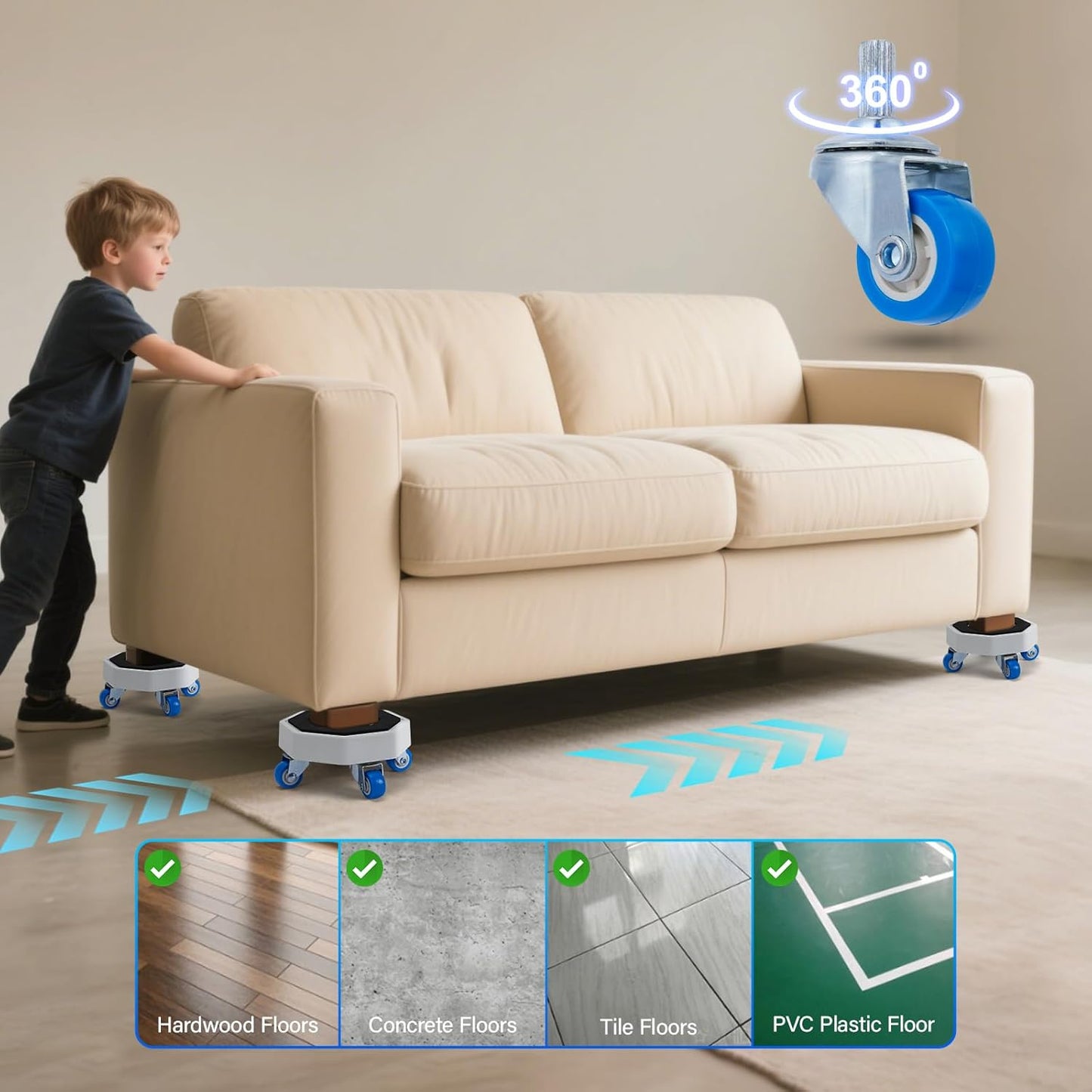 New Upgrade Furniture Sliders, Furniture Lift Heavy Duty Furniture Moving System with Roller Dolly Set Mover Tool Set750LBS- 4 Hexagonal Sliders with 4 Blue Wheels and Moving Rod