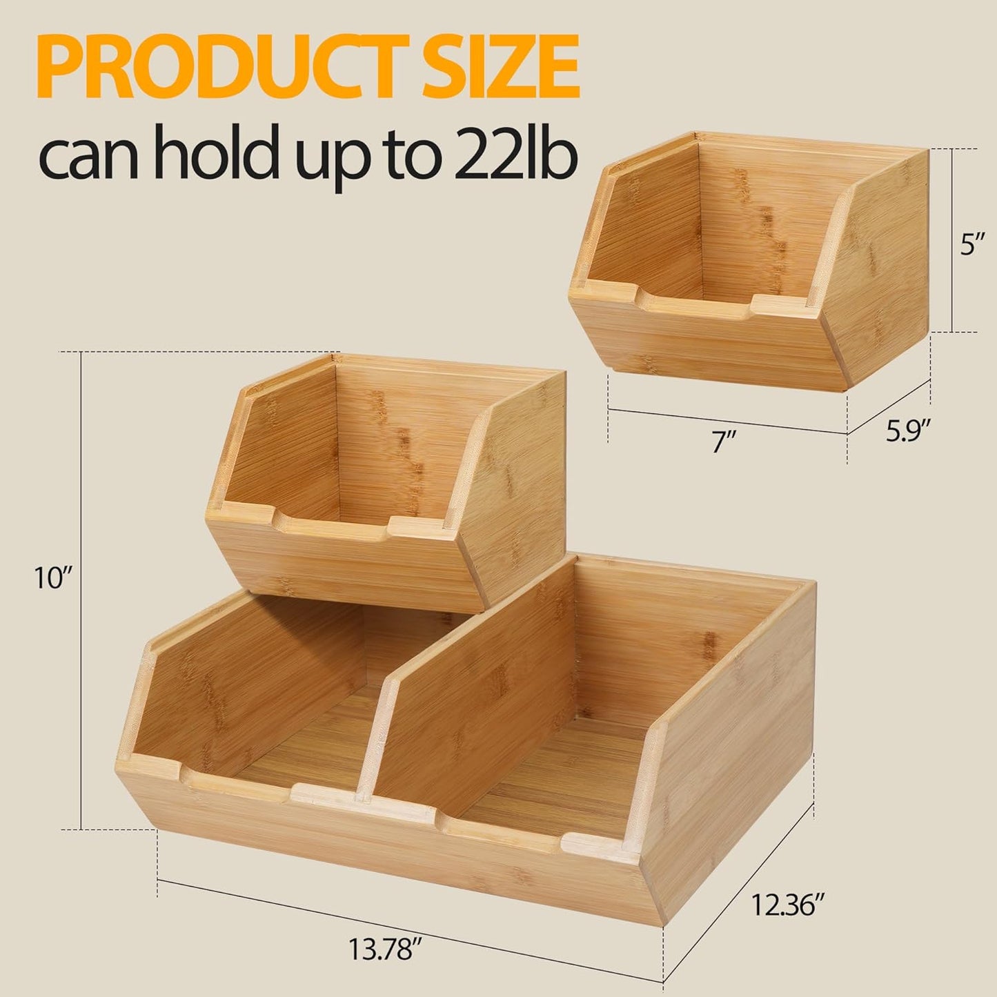 Pantry Storage Bins 3-Pack, Stackable Bamboo Containers for Potato & Onion Storage, Kitchen Organization & Decor