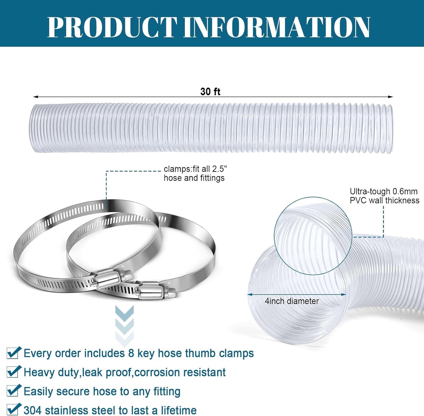 4 Inches 30 ft PVC Dust Collection Hose with Stainless Steel Clamps Set Flexible Clear Vacuum Puncture Resistant Fume Hose for Vacuums Cleaner Fume Dust Collection System