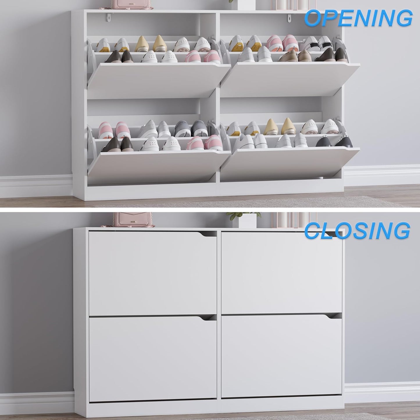 Shoe Cabinet with 4 Flip Drawers, Narrow Hidden Shoe Storage Cabinet, Slim Freestanding Shoe Rack Organizer for Entryway, Hallway, Bedroom, Living Room