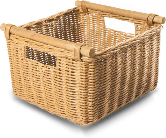 The Basket Lady Deep Pole Handle Wicker Storage Basket, Medium, 13.5 in L x 14 in W x 9 in H, Sandstone