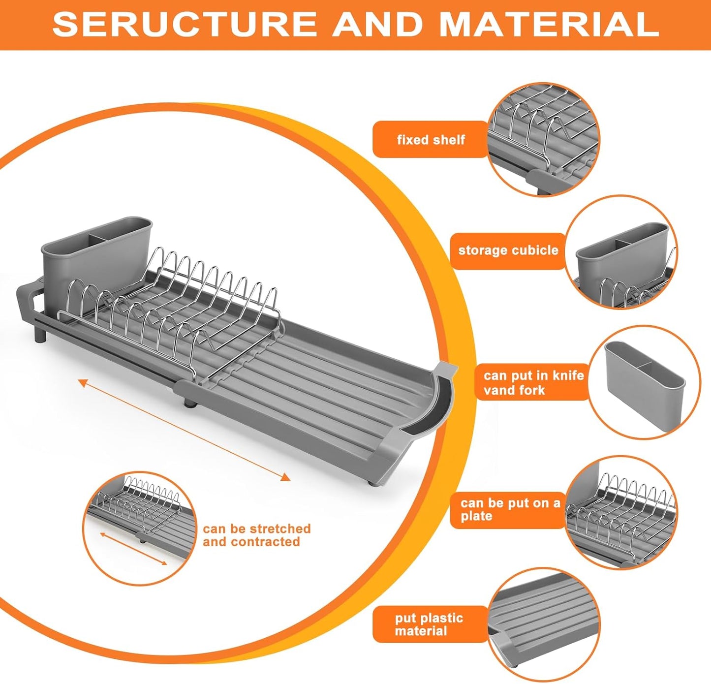 Dish Drying Rack Compact Expandable - A Space-Saving, Stainless Steel, Rust-Resistant Dish Drainer for Kitchen and Apartment Countertops/Sink Cabinets, Extendable from 11.42 to 19.9 inches (Gray)