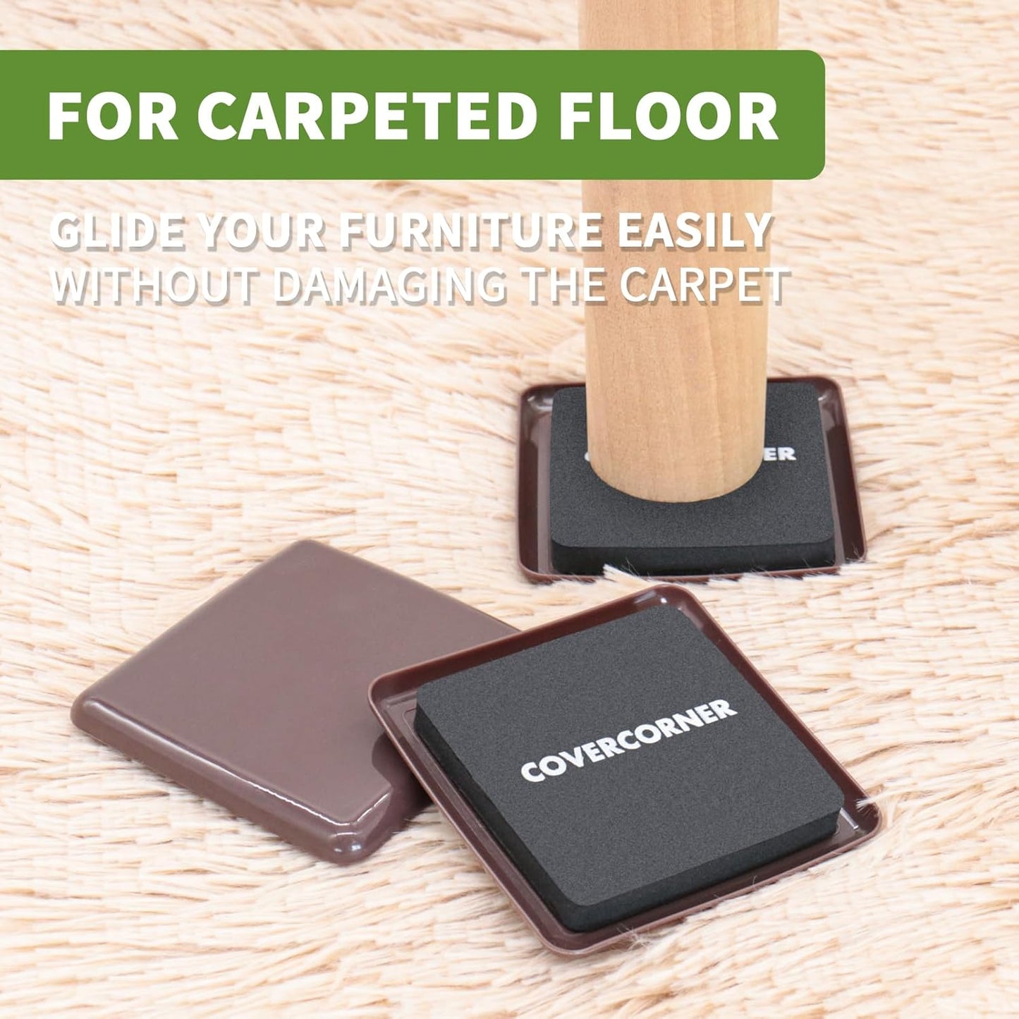 Furniture Sliders for Carpet 8 PCS - 3 1/2 inch Furniture Moving Slider Chair Legs Floors Protectors Square Furniture Movers Sliders – Move Your Furniture Easy & Safely(for Carpet)-Brown