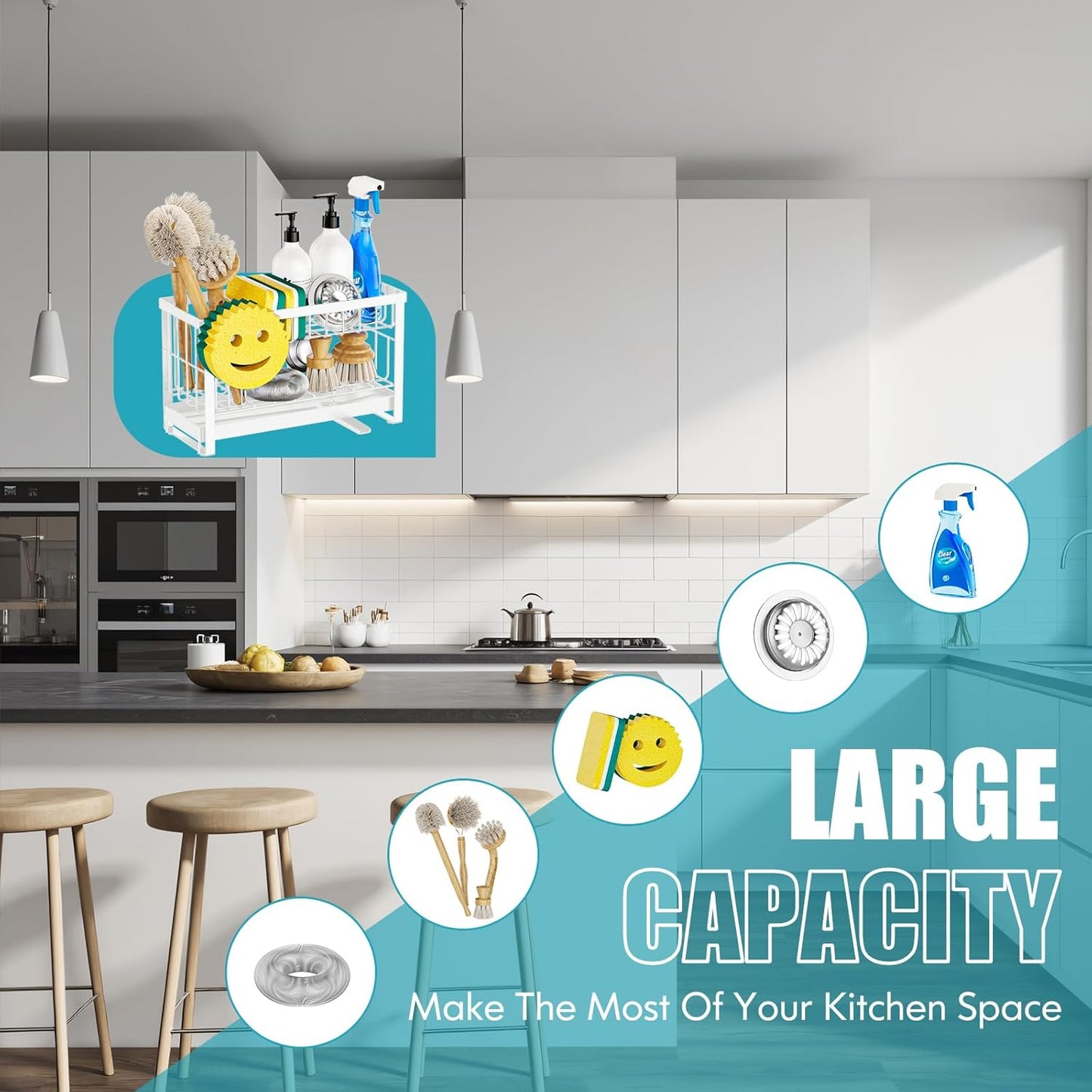 Sponge Holder for Kitchen Sink with Flexible Sink Caddy Smiley Face,2 Tier Kitchen Sponge Holder Countertop and Storage Essentials,Soap Dispenser Organize,Home Decor Accessories-White