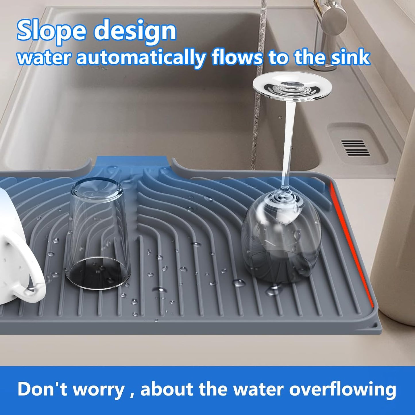 Dish Drying Matt for Kitchen Counter,18"×12"Silicone Dry Rack Mat with Built in Drain, Kitchen Dry Mats for Dishes Drying Pad for Counter(gray)