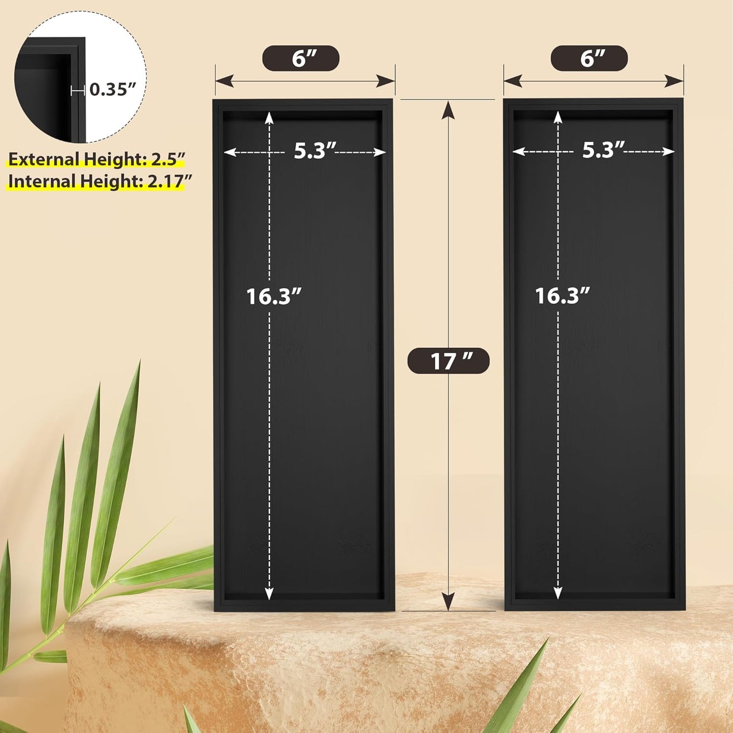 Kitchen Drawer Organizer Tray, Stackable Black Bamboo Drawer Organizer for Large Silverware, Utensils, Cutlery, Flatware, Junk, Dresser, Bathroom, 17" x 6" x 2.5" (Set of 2)