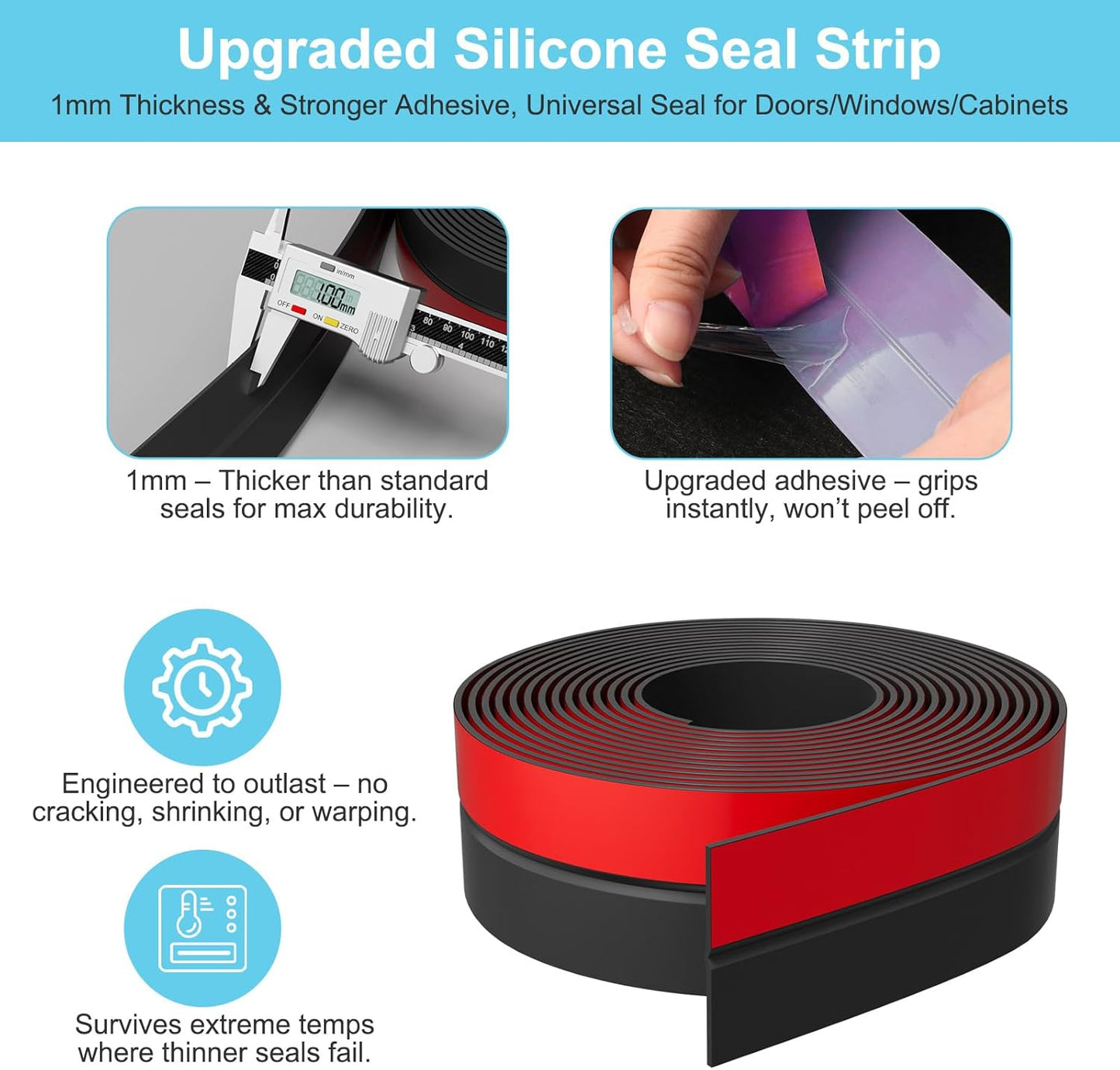 Heavy-Duty 20 ft x 1 in Weather Stripping, Door Draft Stopper Silicone Seal Strip for House and Glass Shower Doors for Collision and Side Gaps of Door and Windows, Black