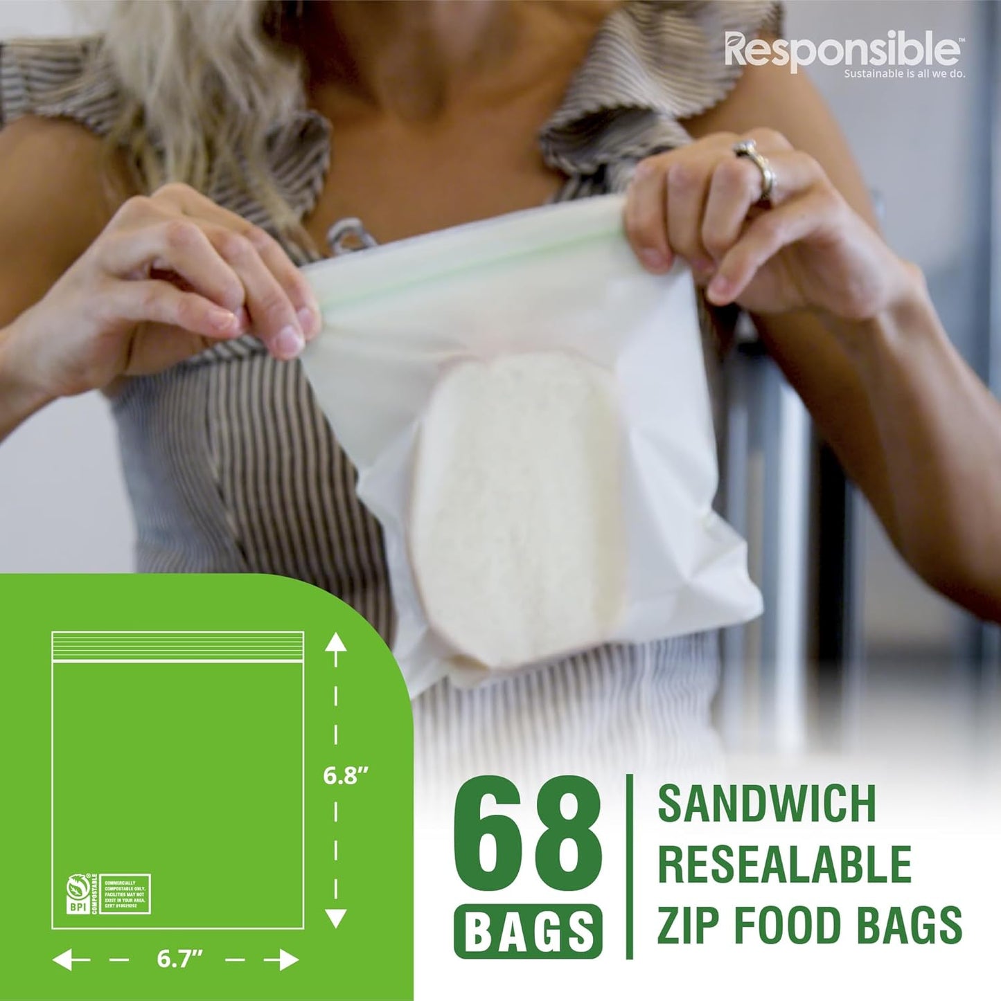 Responsible Products Certified Compostable SANDWICH Resealable Zip Bag, Extra Strength Food Bags, Plant-Based Freezer-Safe (68 Pack)