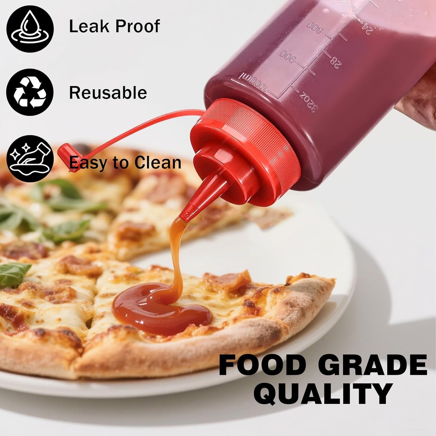 Condiment Squeeze Bottles Ketchup Dispenser, 2 Pack 32oz Squeeze Bottles for Liquids, Plastic Sauce Bottle with Cap Lid, Squirt Bottles for Sauces Liquids BBQ Dressing Pancake Art