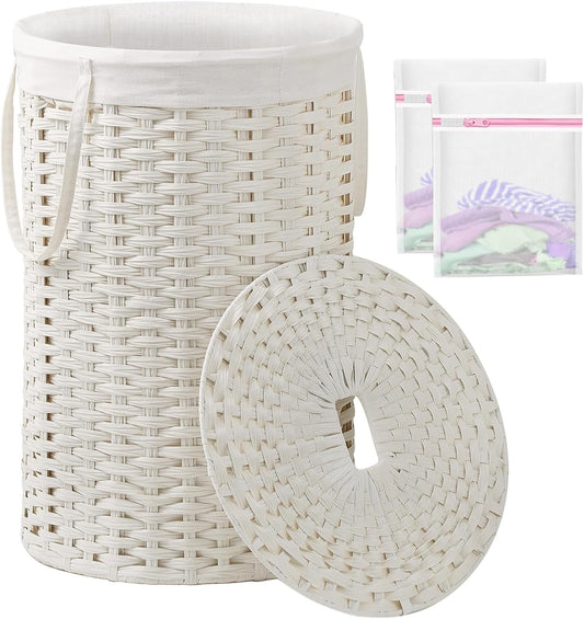 Large Laundry Hamper Laundry Basket Round 34.3 Gal (130 L) Handwoven Wicker Laundry Baskets Rattan Laundry Basket with Laundry Bag Handles 2 Mesh Bags for Living Room Bedroom White