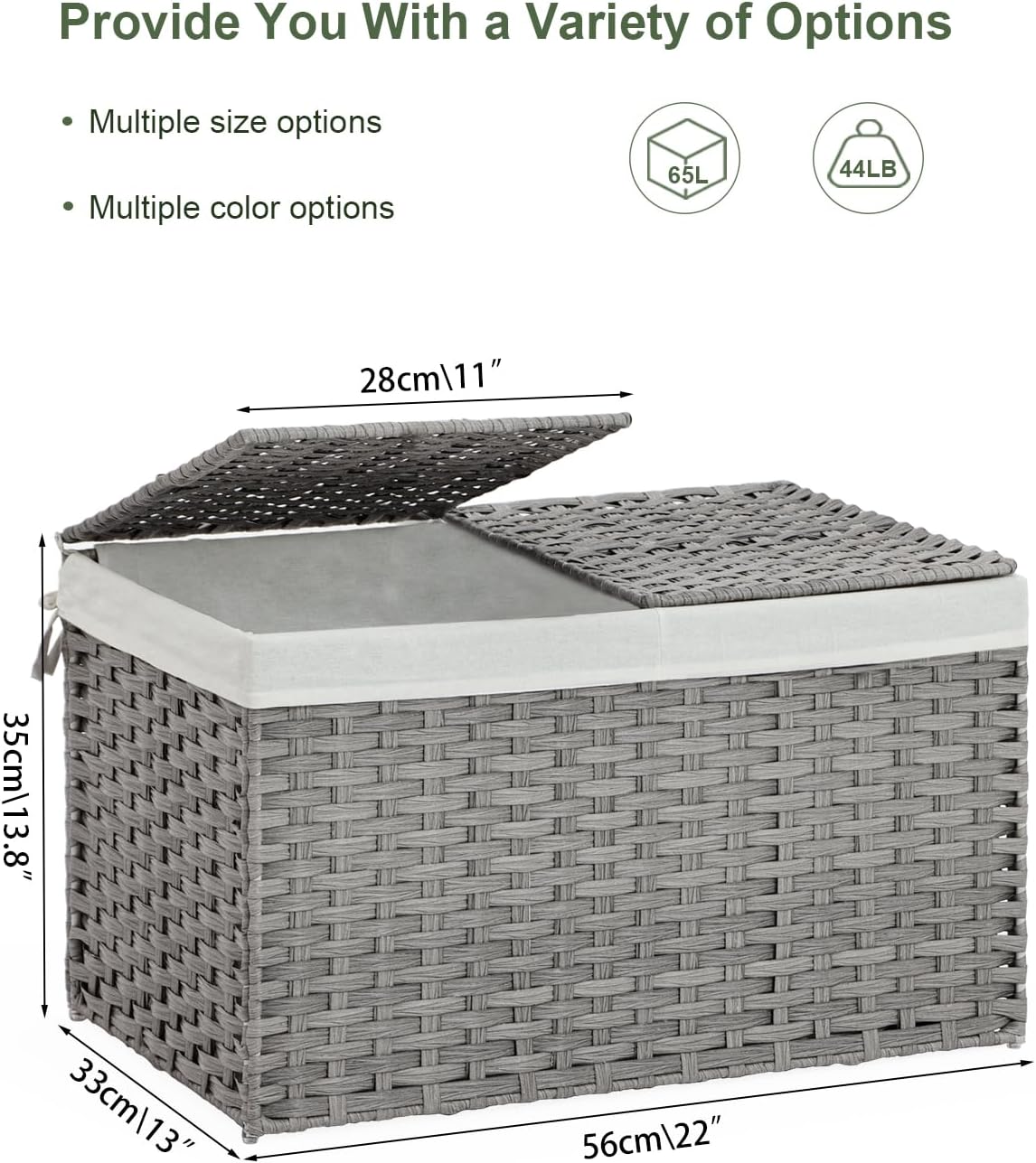 Storage Basket with Lid Rattan, Woven Storage Baskets with 2 Separate Lids, 17.2 Gallon (65 L), 22.2 x 13 x 13.8 Inches, Foldable, 2 Removable Liner Bags Handles for Bedroom, Laundry Room Gray
