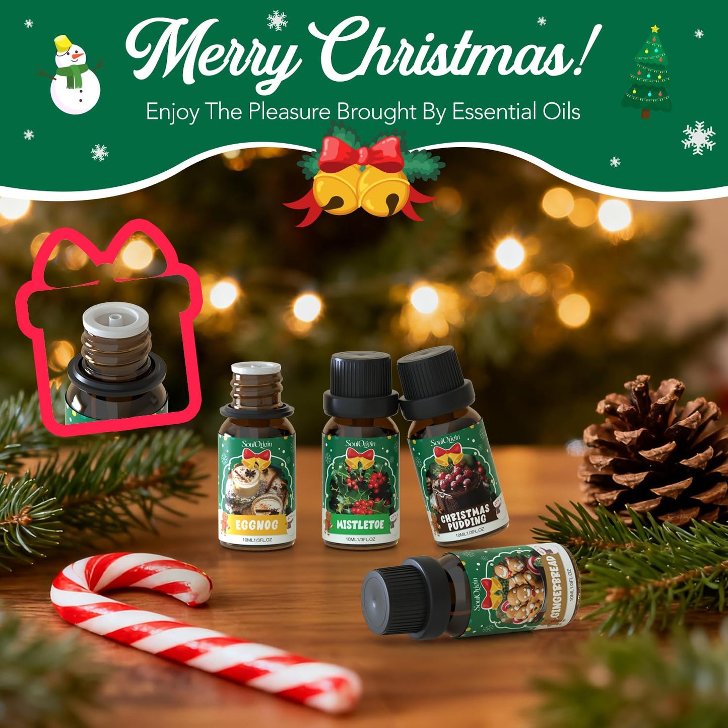 Christmas Essential Oils Set, Fragrance Oil Set for Diffuser, Scent Diffuser Oil for Candle Making-Christmas Cake, Eggnog, Candy Canes, Gingerbread, Mistletoe, Christmas Pudding