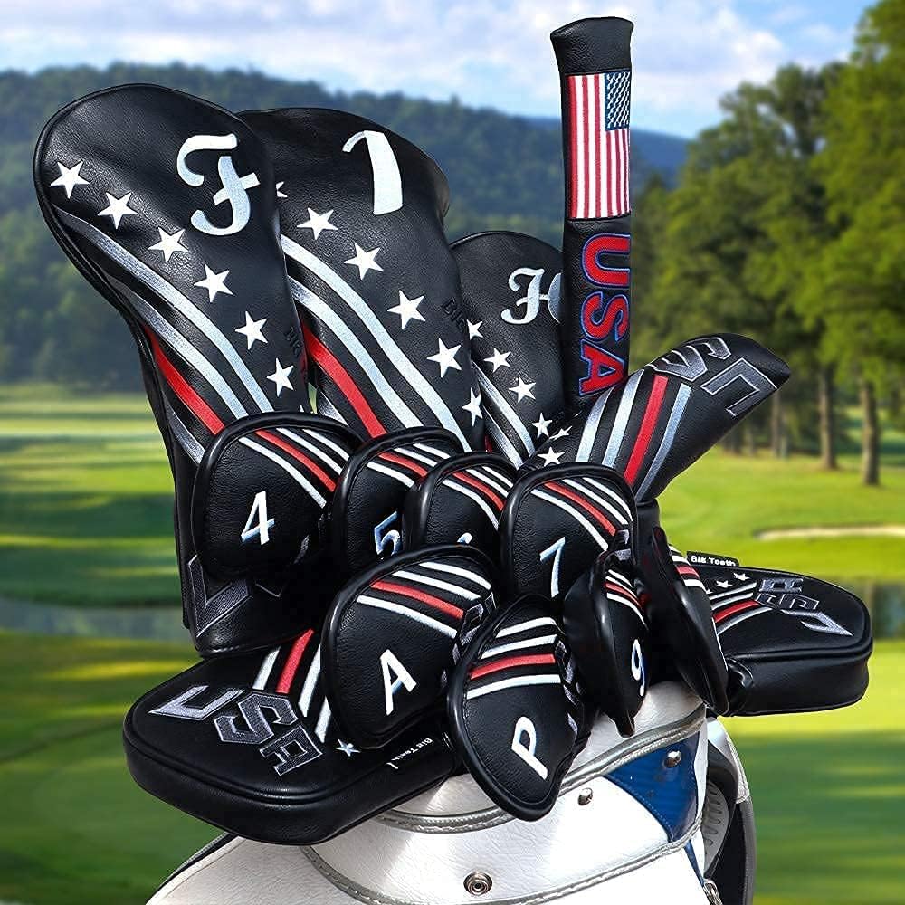 Big Teeth Golf Cover USA Stripe and Star Headcover Covers, Driver Fairway Wood Hybrid Headcovers Fits Blade Mallet Putter Iron and Woods with Magnetic Club Protector Pu Leather Golf Accessories