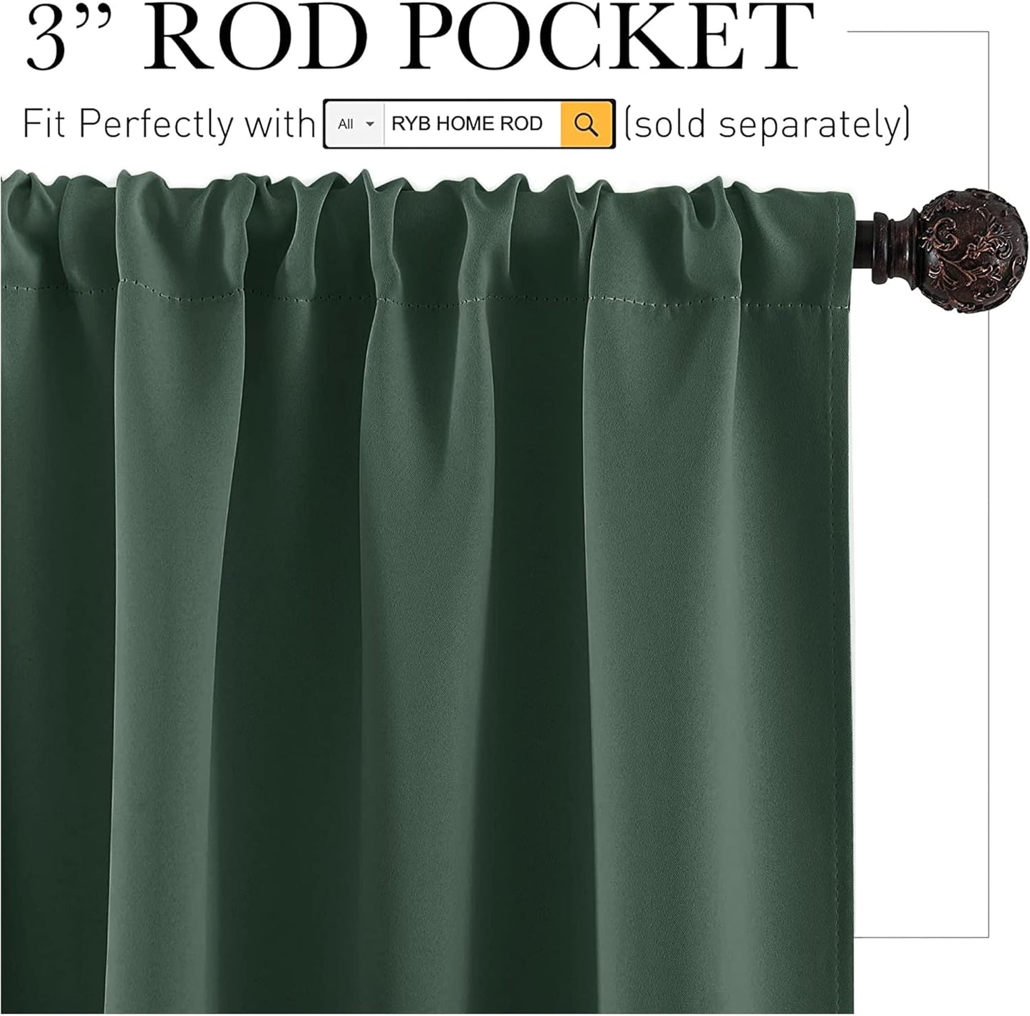 RYB HOME Room Darkening Curtains 84 inches Length 2 Panels Set, Extra Wide Privacy Assured Blackout Window Covers Thermal Insulated Rod Pocket Drapes for Living Room, 70 x 84 inch, Dark Green