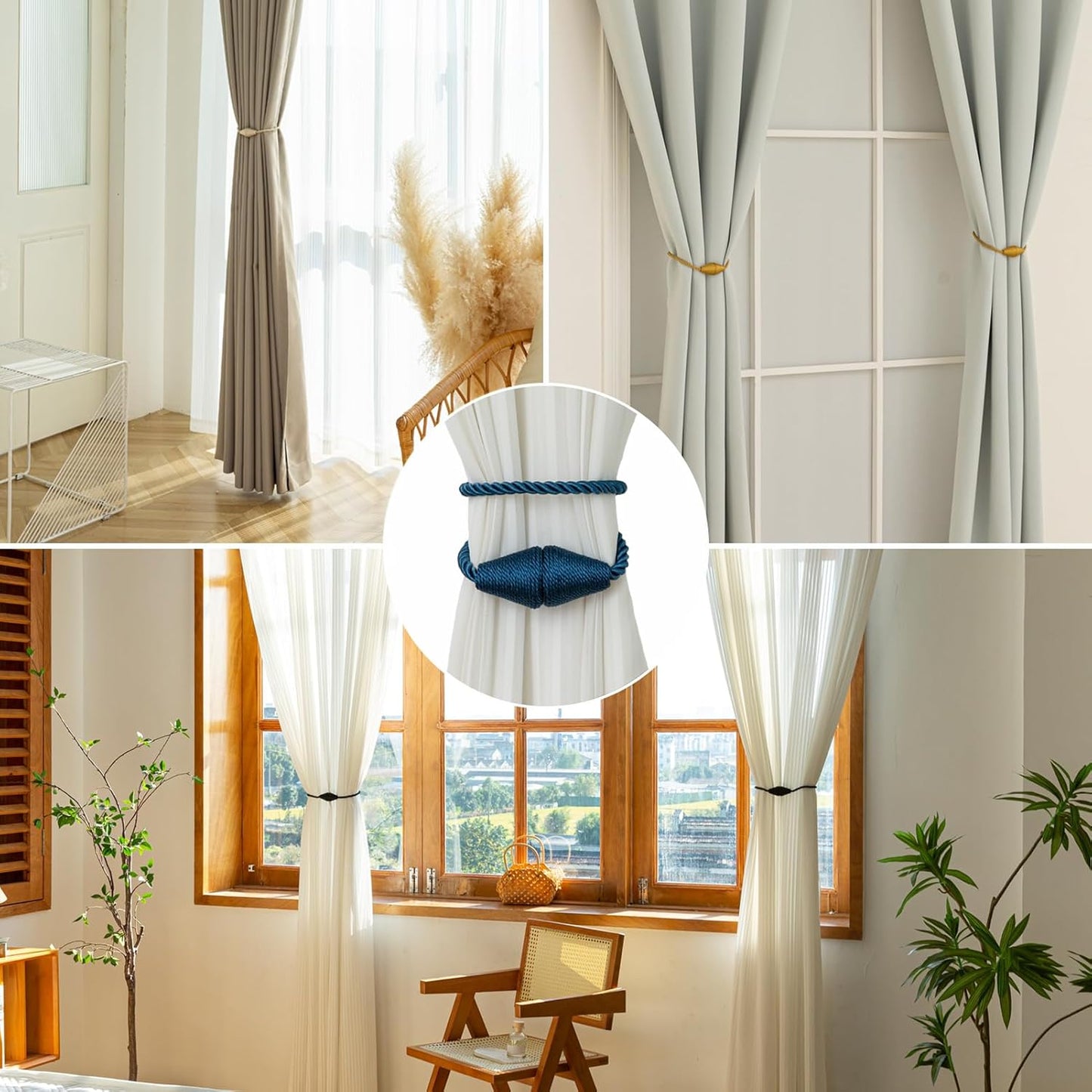 Magnetic Curtain Tiebacks 4 Pack Outdoor Rope Curtain Tie Backs Decorative Window Treatment Holdbacks for Home Decorative Curtain, Blue