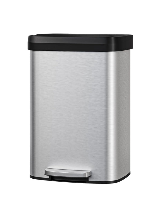 Garvee 13 Gallon / 50 L Stainless Steel Trash Can with Lid, Large Garbage Can for Kitchen, Rustproof Step-on Kitchen Metal Trash Bin with Liner Rim, Rear Handle, Soft Close Plastic Lid, Silver