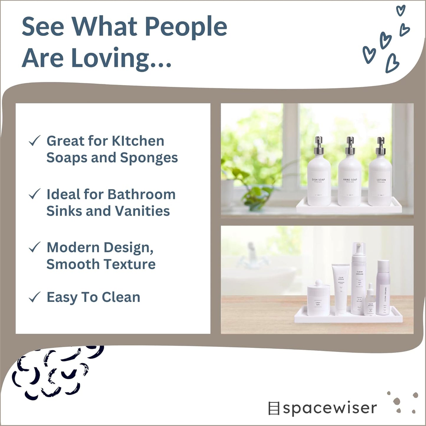 Countertop and Vanity Tray - 11.7" Silicone Bathroom Tray Countertop, Dish Soap Trays for Kitchen Counter, Bathroom Counter Organizer Accessories Caddy, Shower Trays Makeup Mat Oil, White