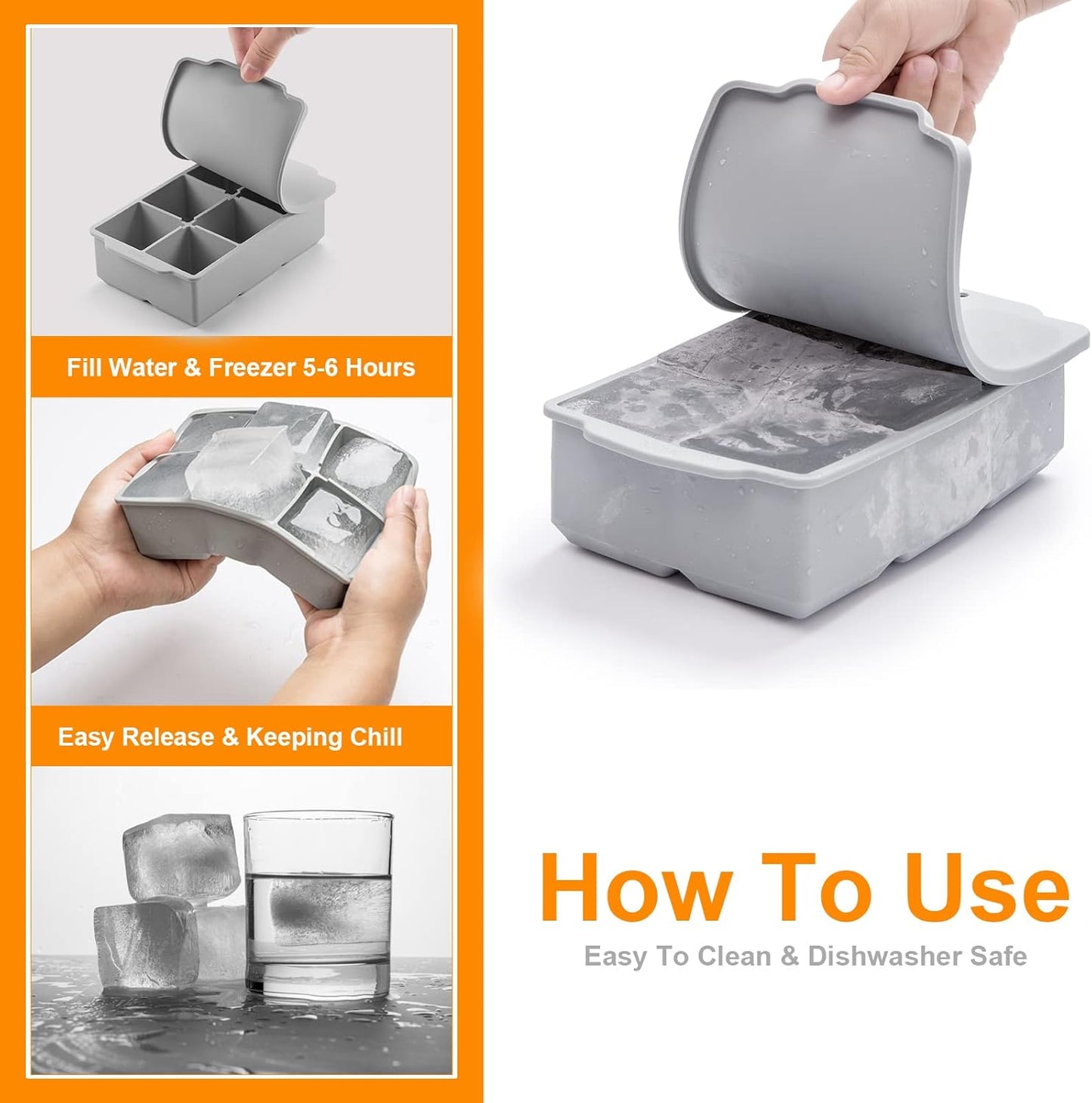 Nax Caki Large Ice Cube Tray with Lid, Stackable Big Silicone Square Ice Cube Mold for Whiskey Cocktails Bourbon Soups Frozen Treats, Easy Release BPA Free