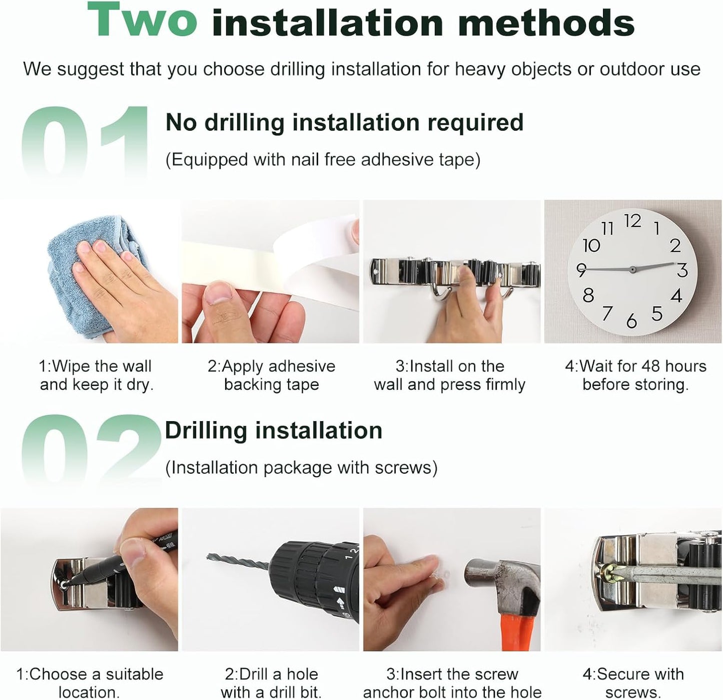 3Pcs 5 Racks 4 Hooks Stainless Steel Broom Mop Holder Anti Slip Wall Mount Broom Storage Rack Strong Load Bearing Waterproof Mop Broom Organizer for Bathroom Kitchen Garage