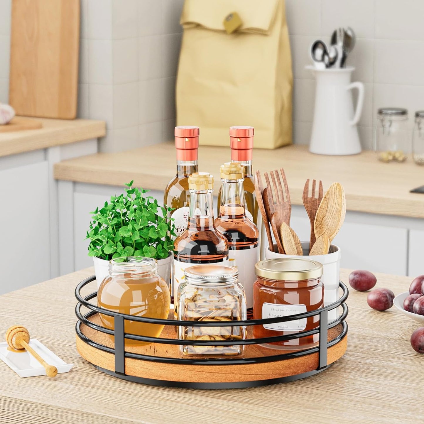 Wood Lazy Susan Turntable Organizer - 11" Round Wooden Lazy Susan for Cabinet Kitchen Countertop Dining Table Pantry Cupboard Bathroom Coffee Bar Spice Storage Home Decor