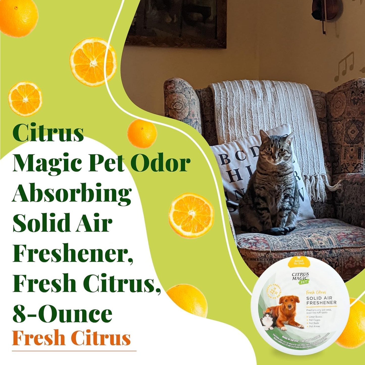 Citrus Magic Pet Odor Absorbing Solid Air Freshener for Home, Air Purifier, Fresh Citrus, Must have Pet Supplies, 8 Oz (Pack of 3)