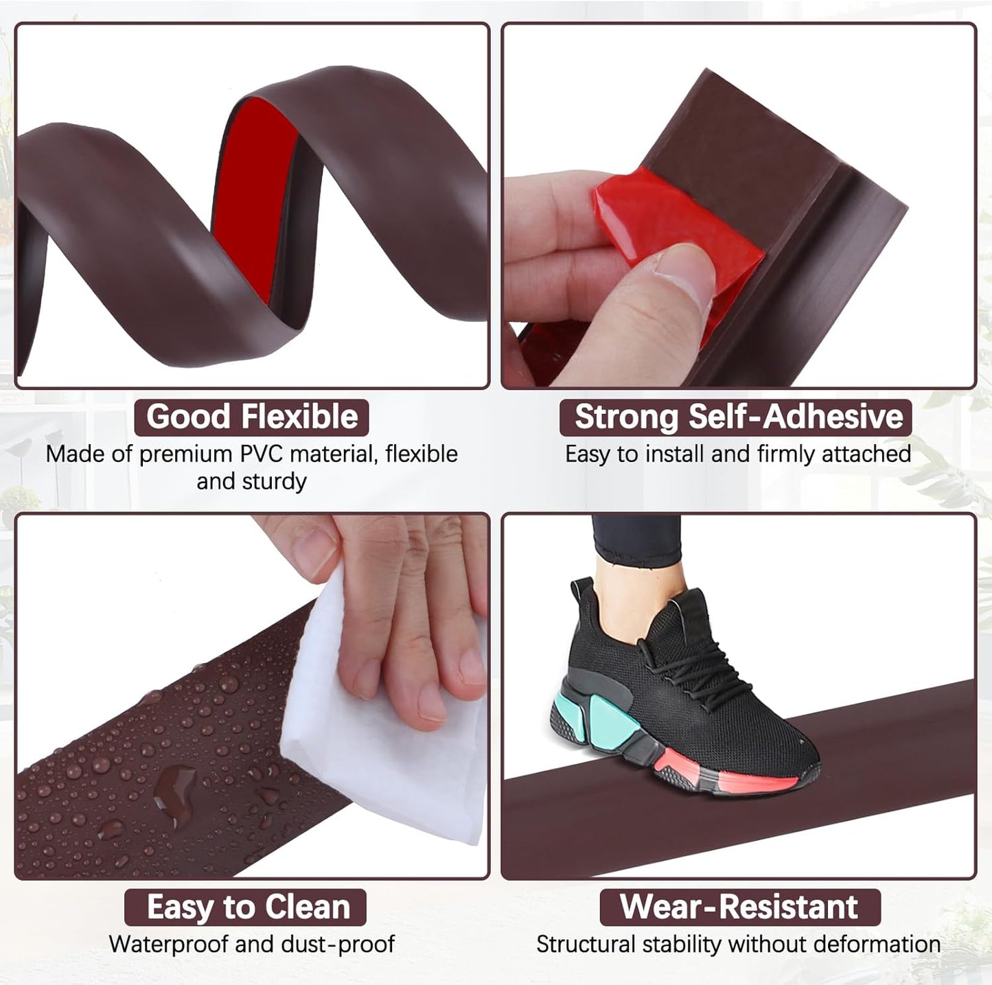 Vinyl Door Threshold Flooring Transition Strip Self Adhesive Carpet Edging Strip for Laminate Doorway Edge Threshold from 3/5" to 4/5" (Coffee, 10 Ft)