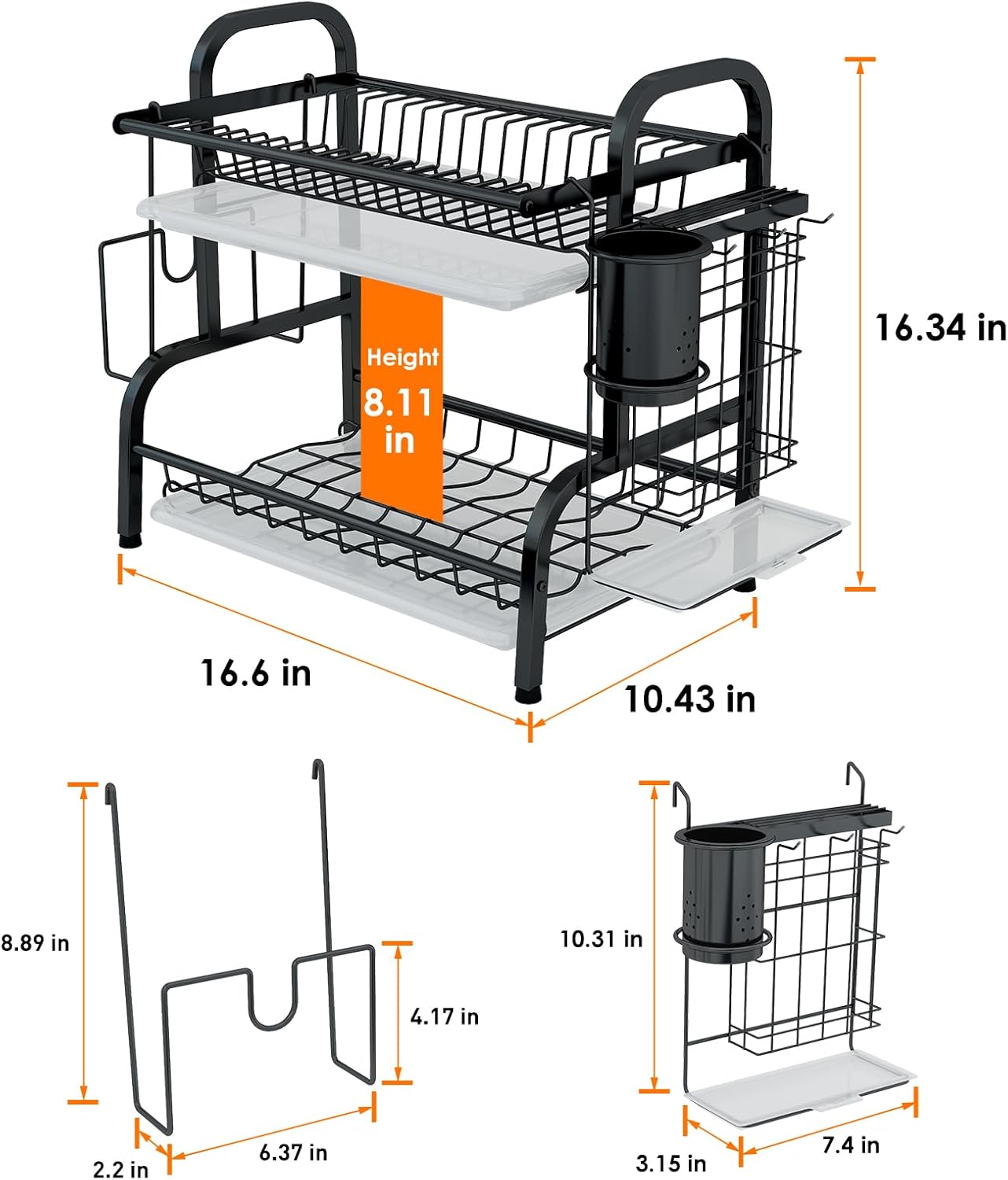 LEGUANG 2-Tier Stainless Steel Dish Drying Rack, Space-Saving Kitchen Organizer for in/Over Sink/Counter, with Removable Drain Tray & Cutlery Holder & Utensil Holder, Black